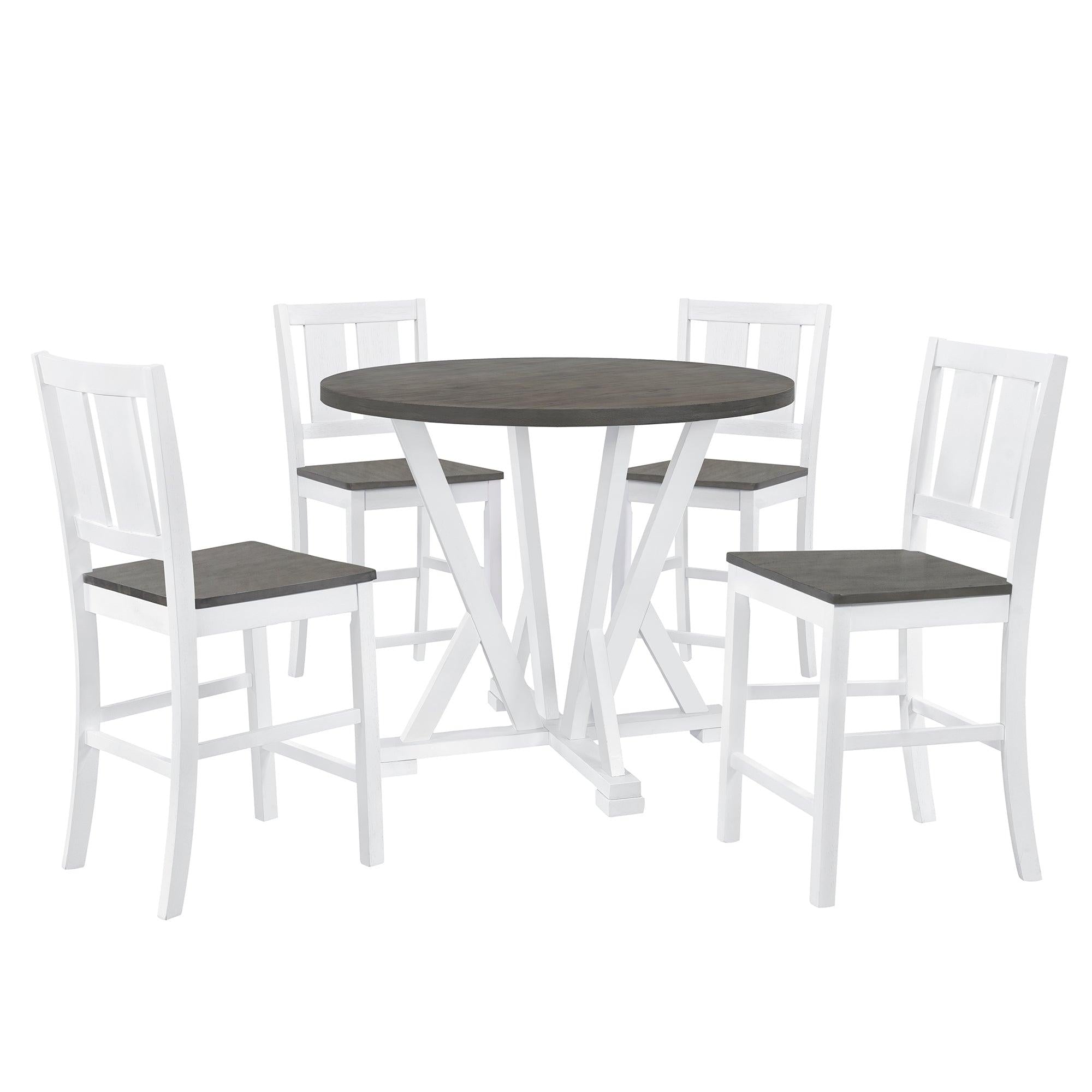 Rustic Farmhouse 5-Piece Counter Height Dining Table Set, Round Kitchen set with 4 Dining Chairs and Thick Tabletop, Grey