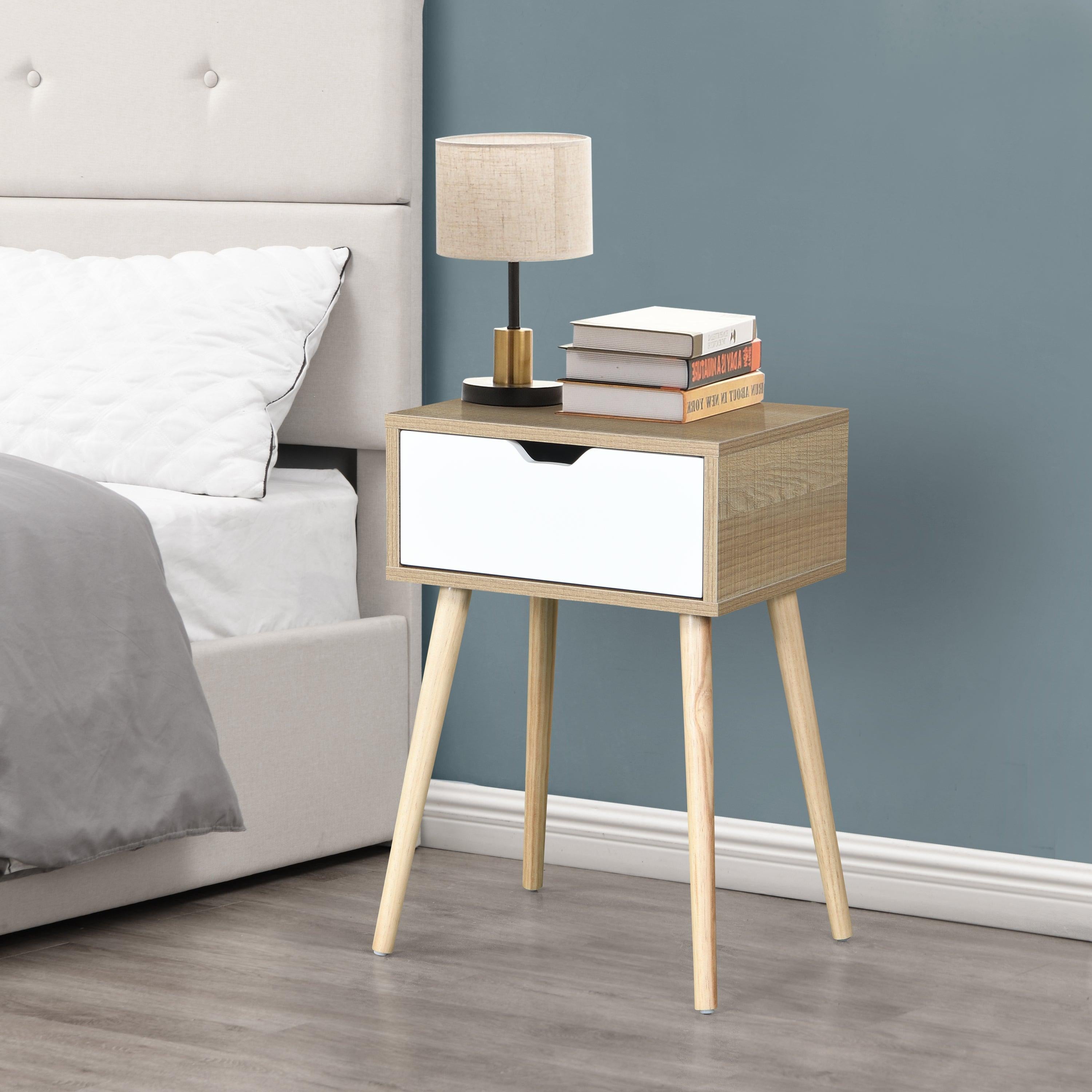 Side Table with 1 Drawer and Rubber Wood Legs, Mid-CenturyModernStorage Cabinet for Bedroom Living Room Furniture, White with solid wood color image