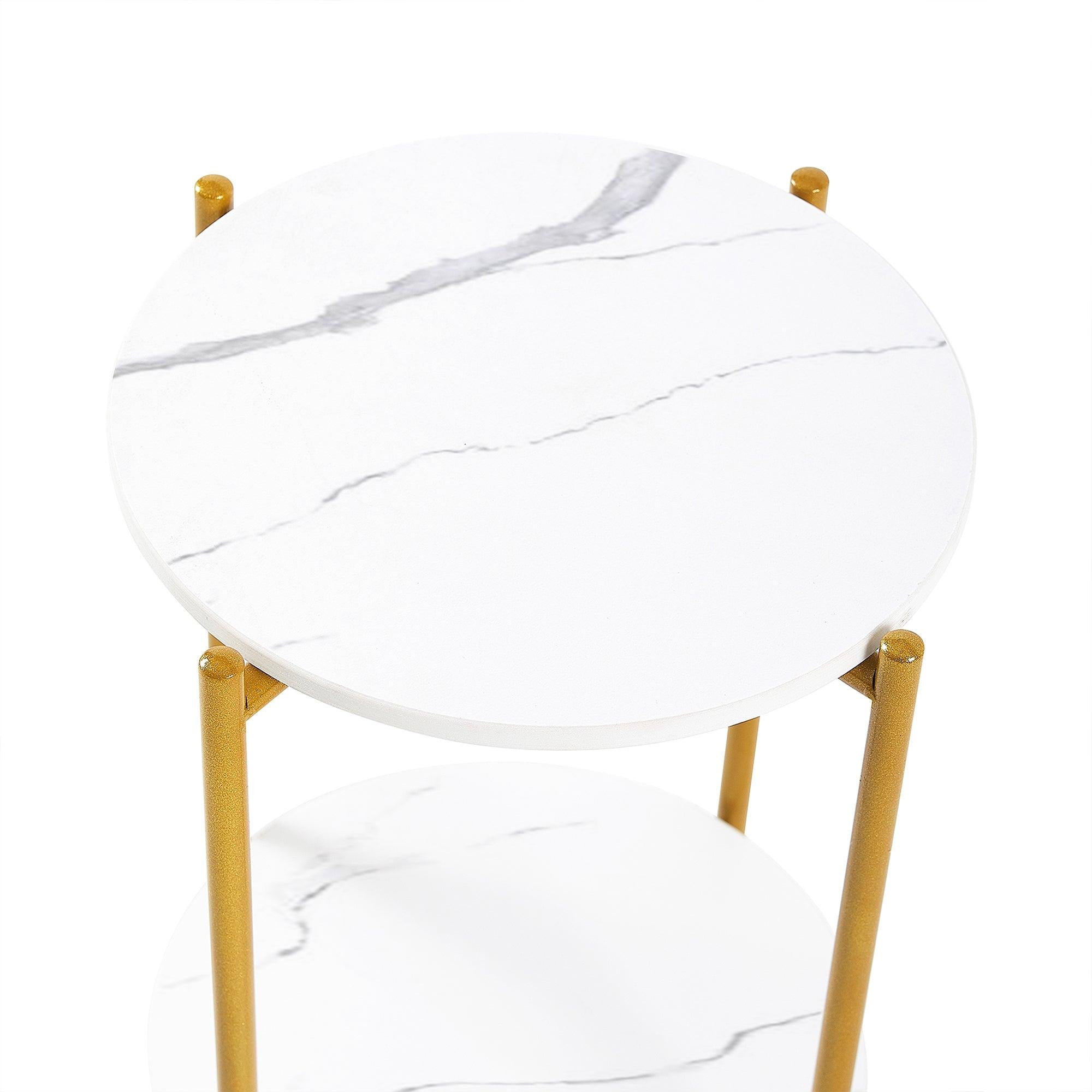 2-layer End Table with Whole  Marble Tabletop, Round Coffee Table with Golden Metal Frame for Bedroom Living Room Office (White,1 piece)