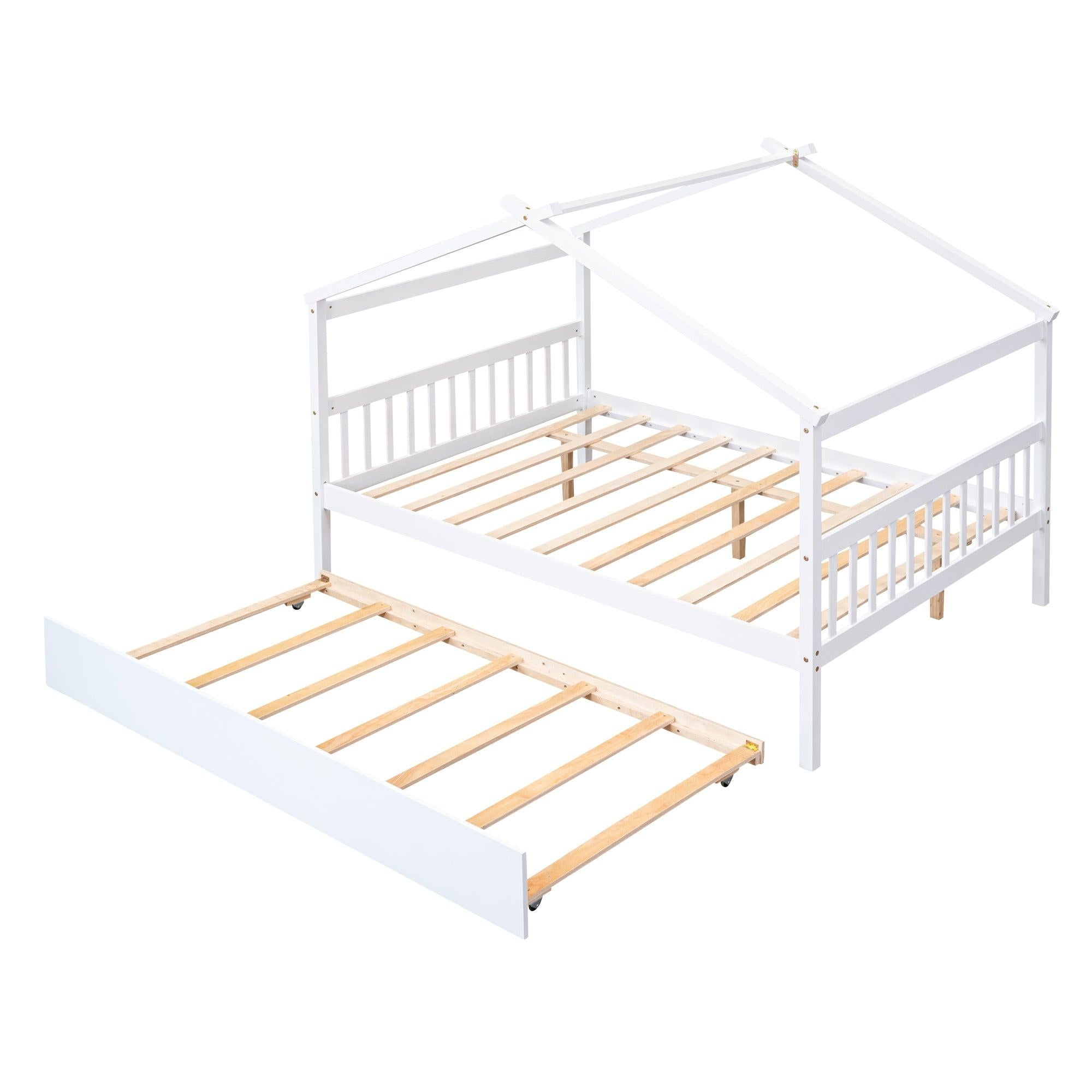 Full Size Wooden House Bed with Twin Size Trundle, White