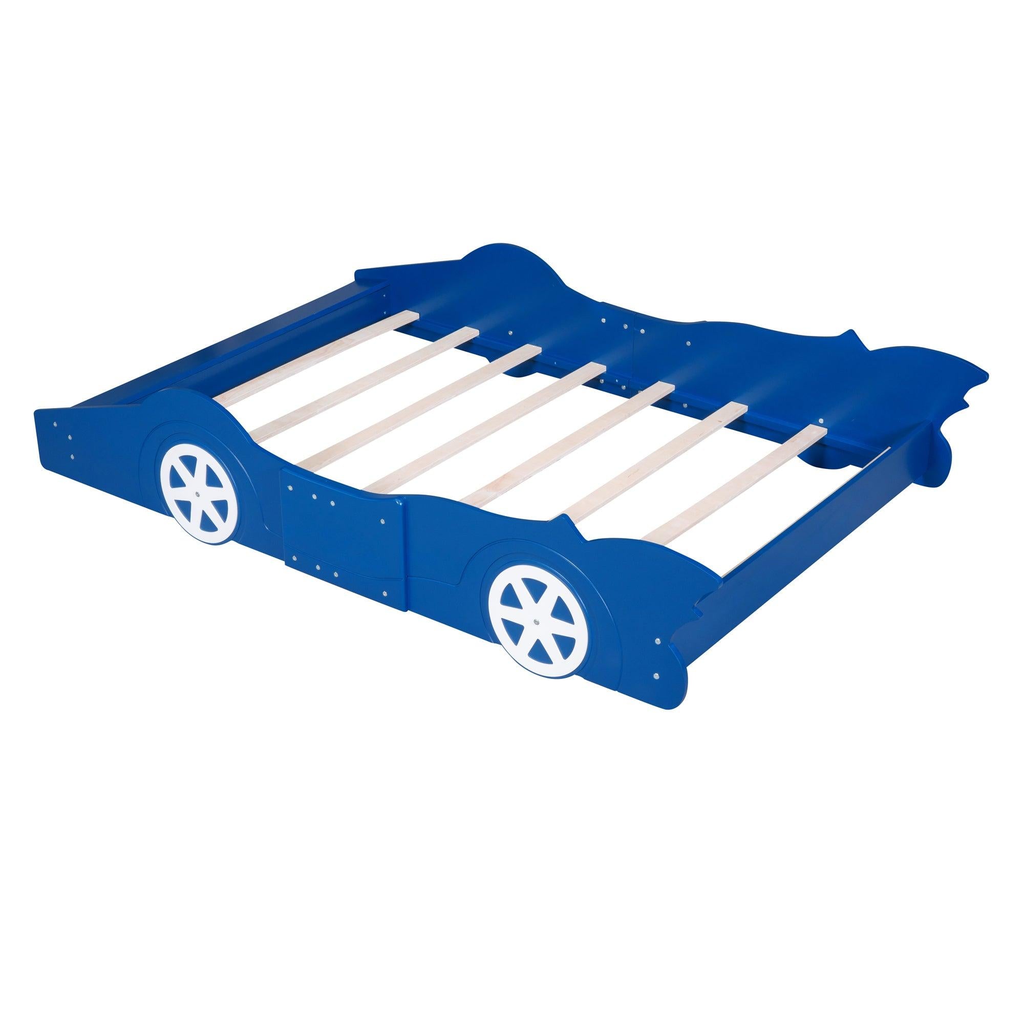 Full Size Race Car-Shaped Platform Bed with Wheels,Blue