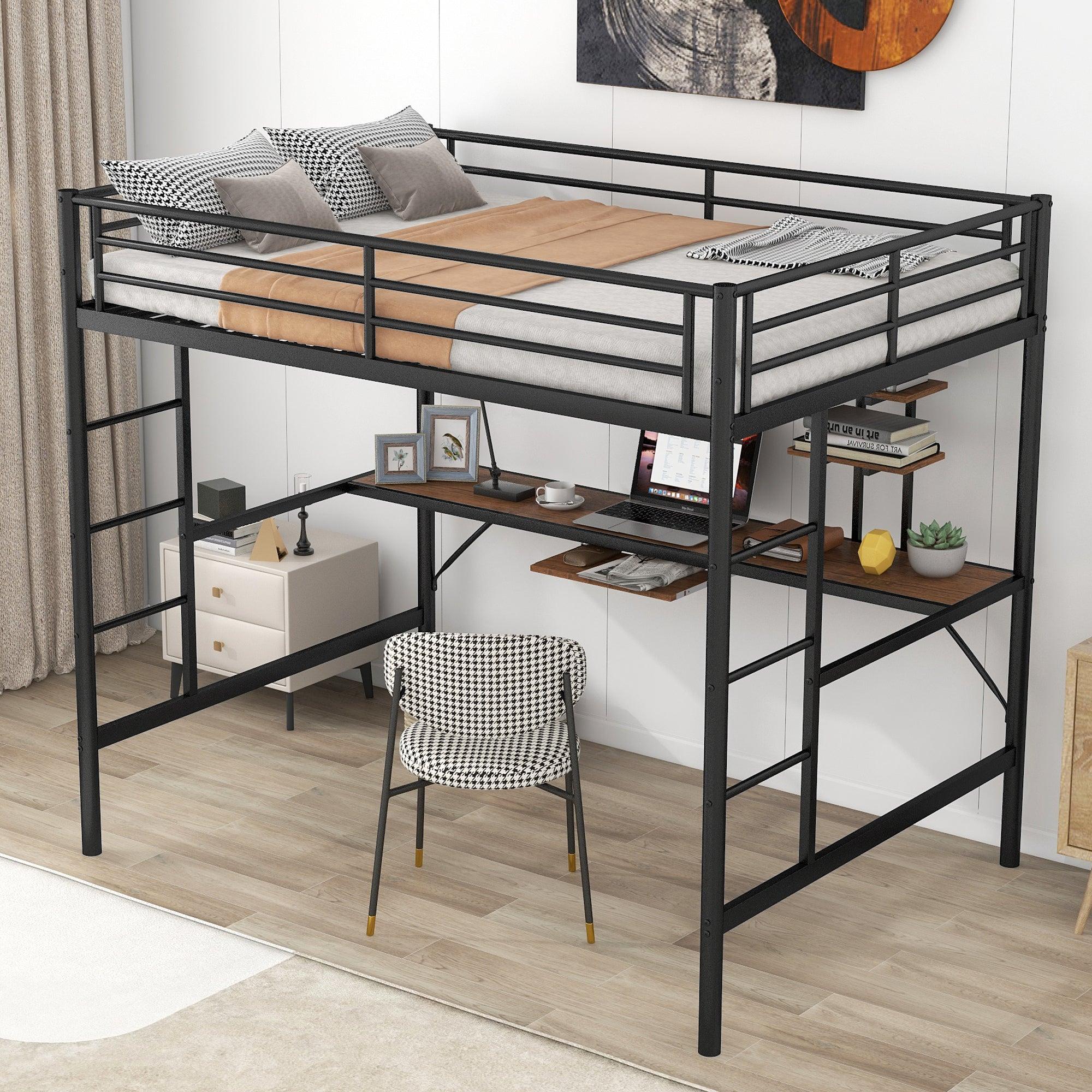 Loft Bed with Desk and Shelf , Space Saving Design,Full,Black image