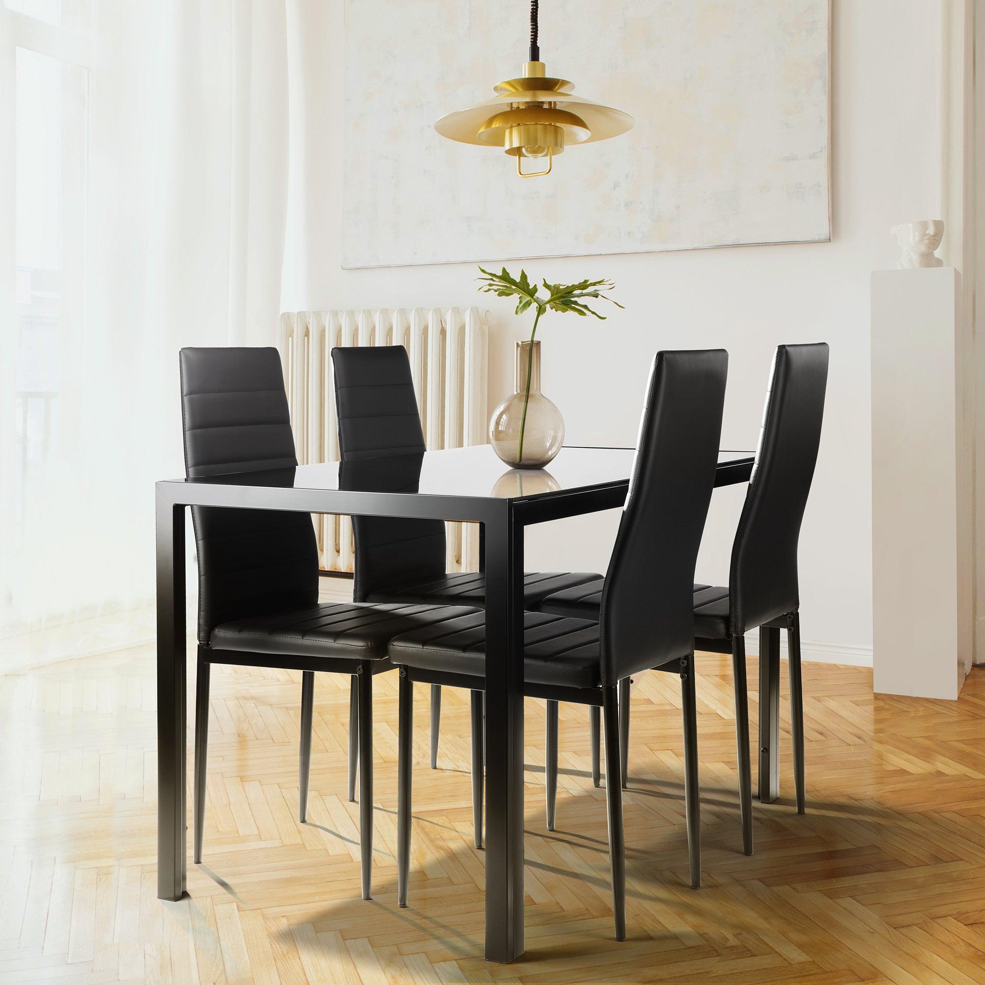 5 Pieces  Dining Table Set for 4,Kitchen Room Tempered Glass Dining Table ,4 Faux Leather Chairs ,Black