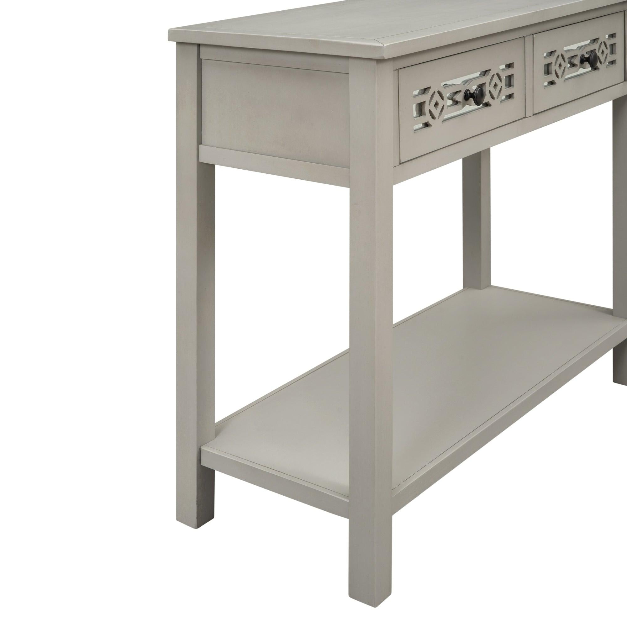 Classic Console Table with Hollow-out Decoration Two Top Drawers and Open Shelf LargeStorage Space (Silver)