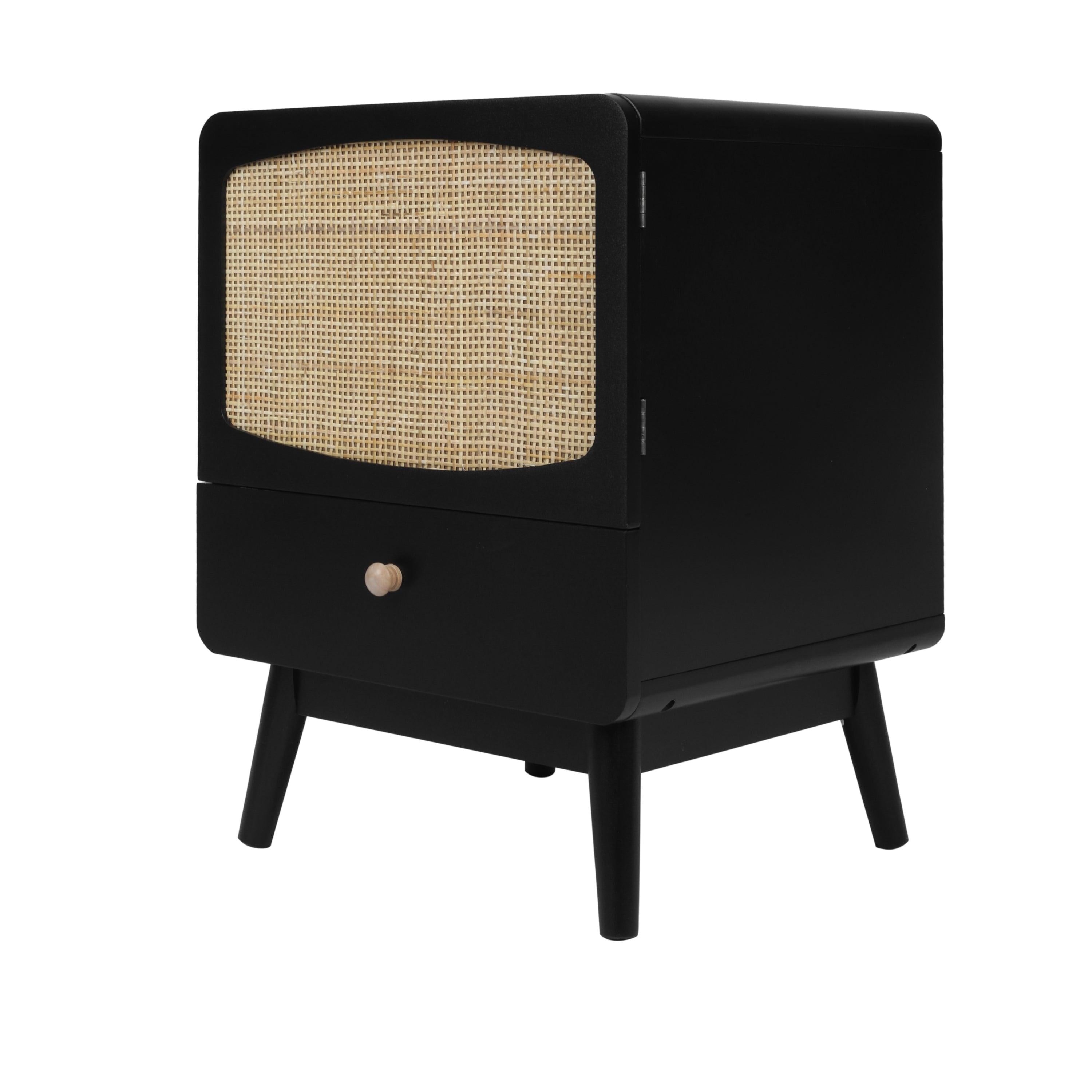 Black Nightstand,  Bedside Table withStorage Drawe/ Rattan Door