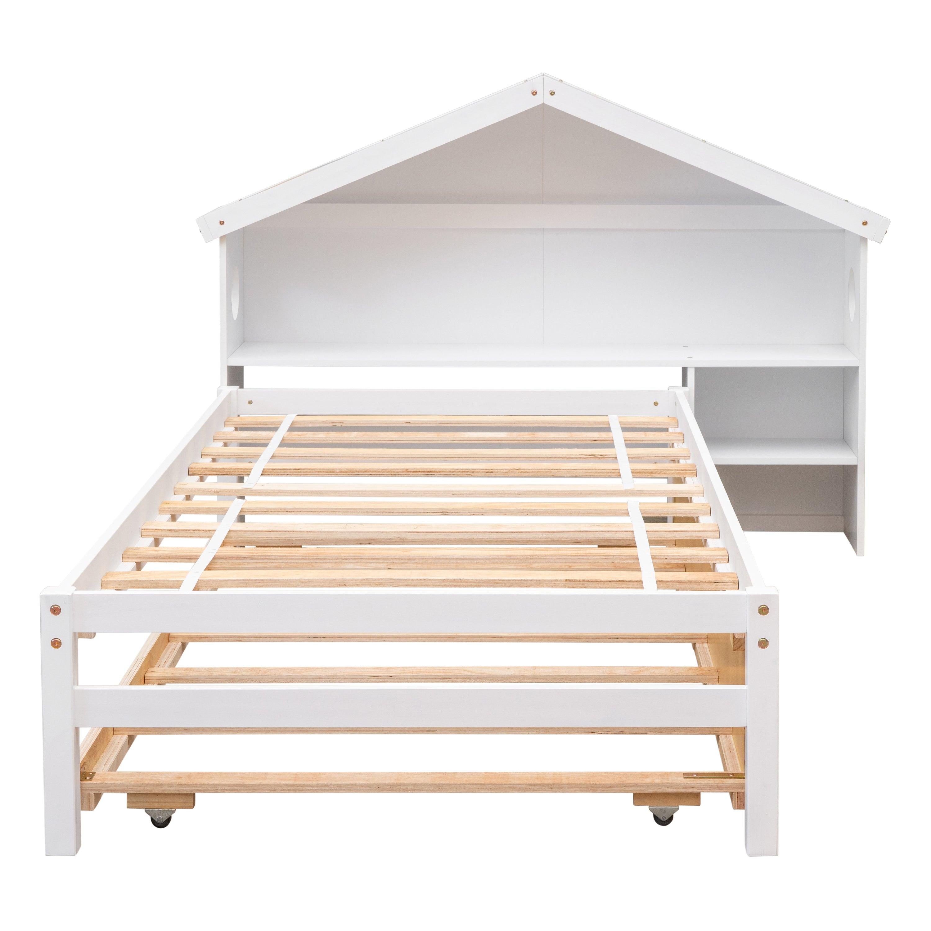 TwinStorage House Bed for kids with Bedside Table, Trundle, White