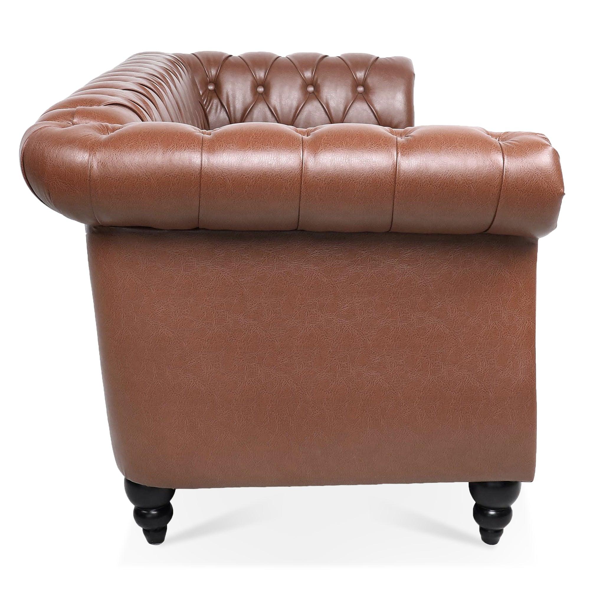 84.65"BROWN PU Rolled Arm Chesterfield Three Seater Sofa.