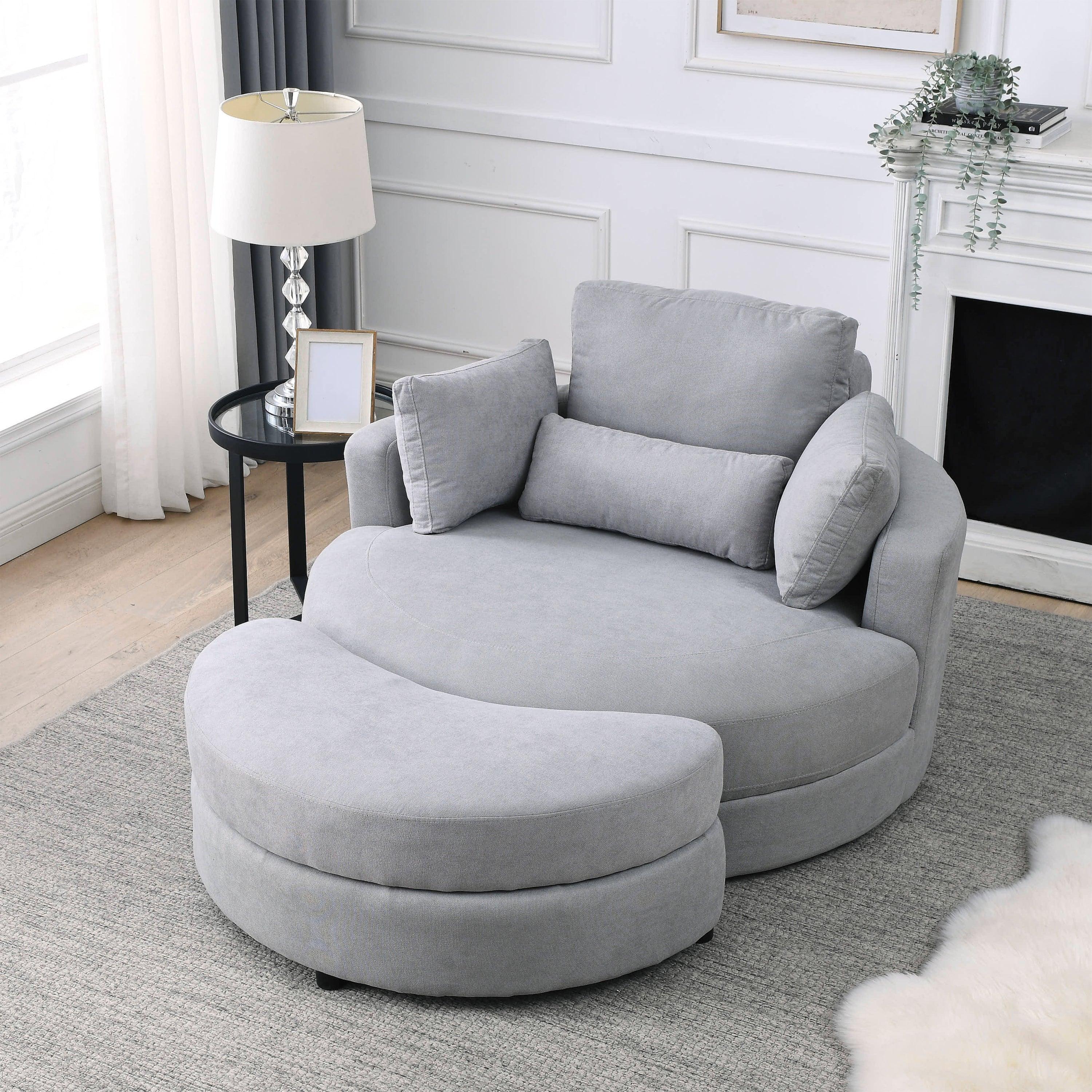 Swivel Accent BarrelModern Grey Sofa Lounge Club Big Round Chair withStorage Ottoman Linen Fabric for Living Room Hotel with Pillows