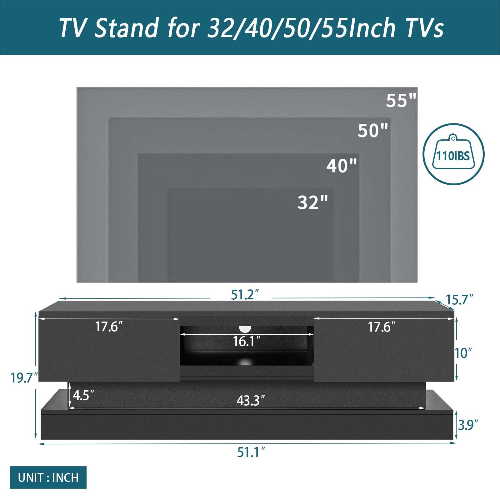 51.18inch  Black morden TV Stand with LED Lights,high glossy front TV Cabinet,can be assembled in Lounge Room, Living Room or Bedroom,color:BLACK