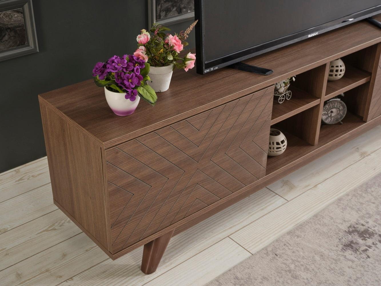 Lina Mid CenturyModern Tv Stand 2 Door Cabinet 4 Cubby Hole Shelves 67 inch Tv Unit, Walnut