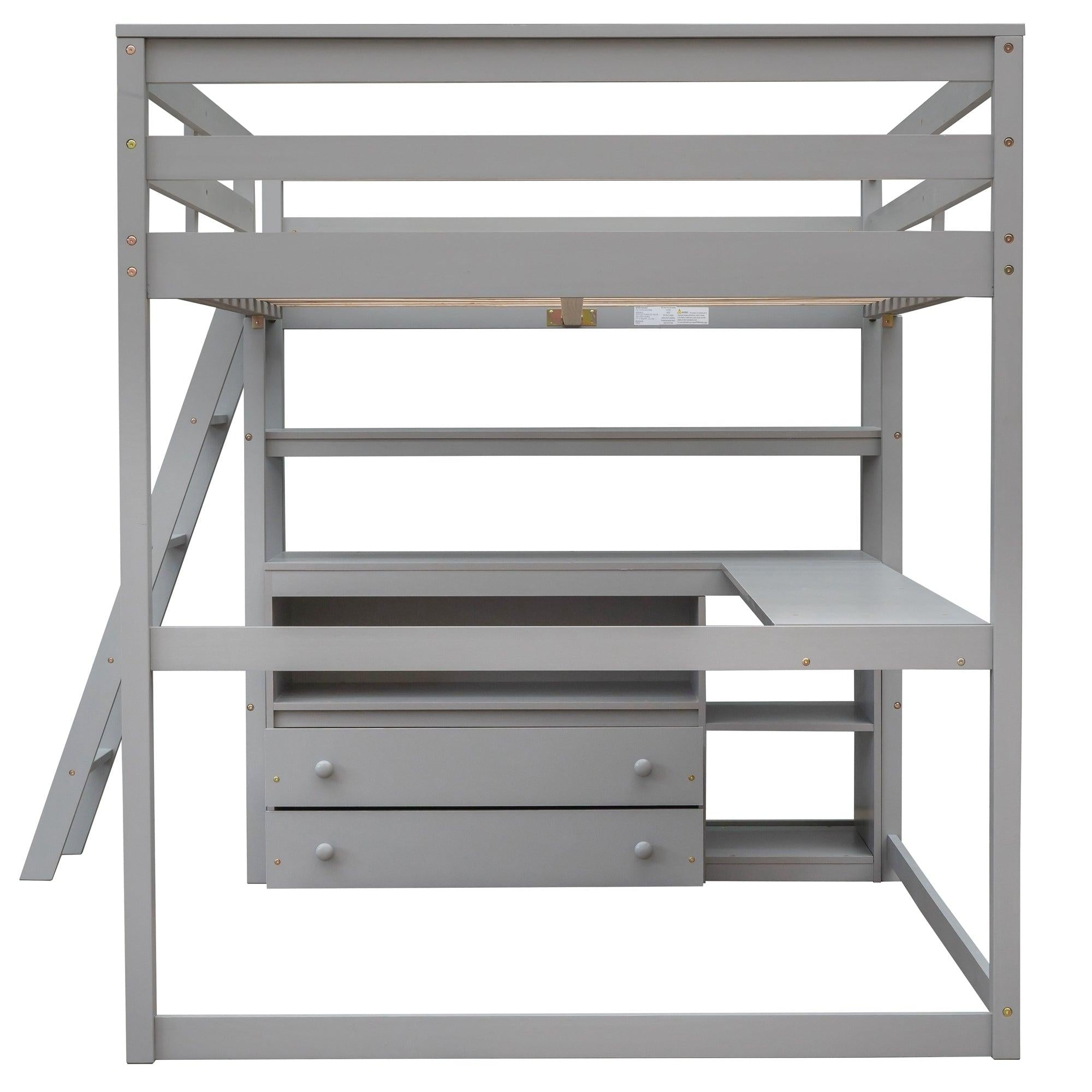 Full Size Loft Bed with Desk and Shelves,Two Built-in Drawers,Gray