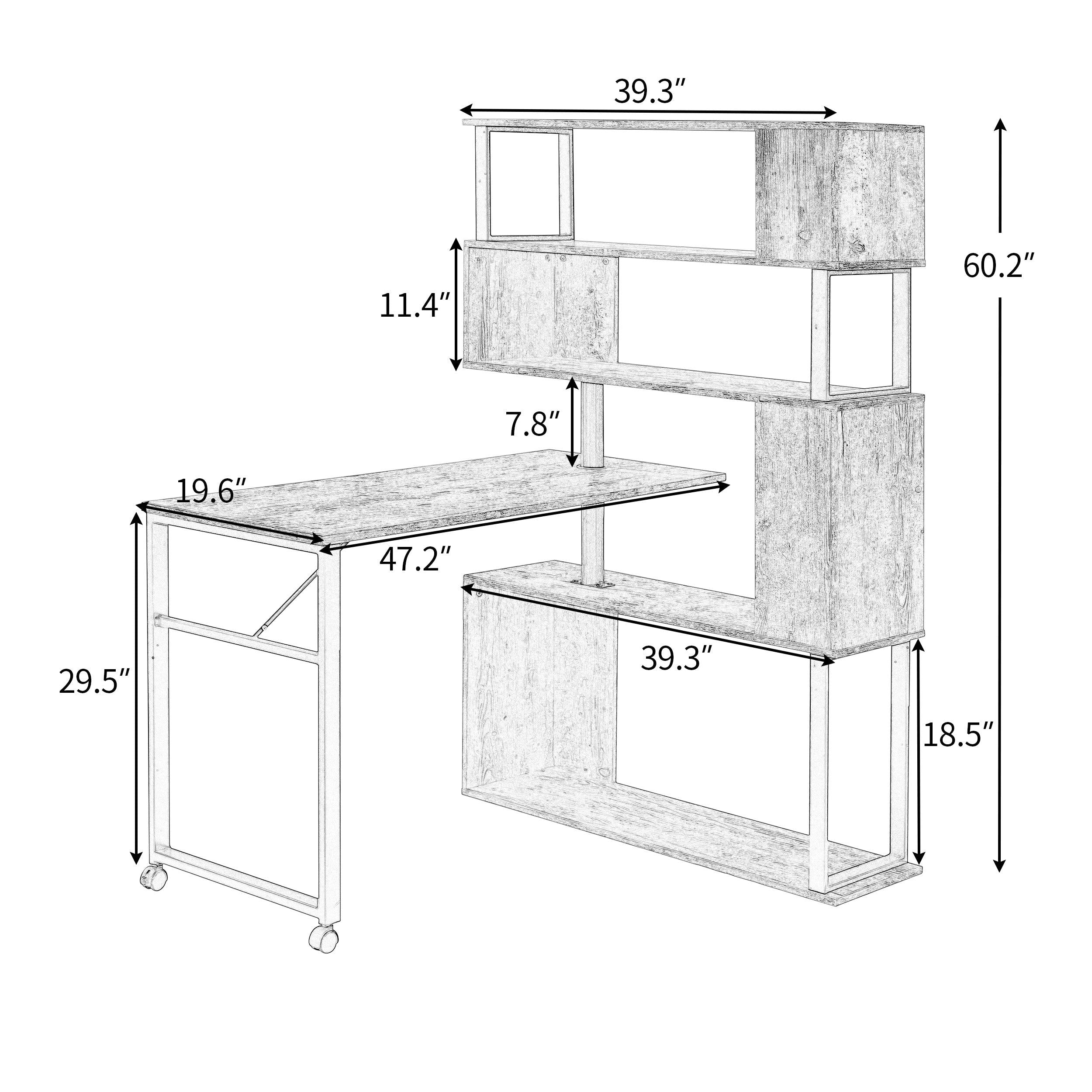 Home Office Computer Desk L-Shaped Corner Table, Rotating Computer Table with 5-Tier Bookshelf, Four Installation Methods, Lockable Casters (Tiger)