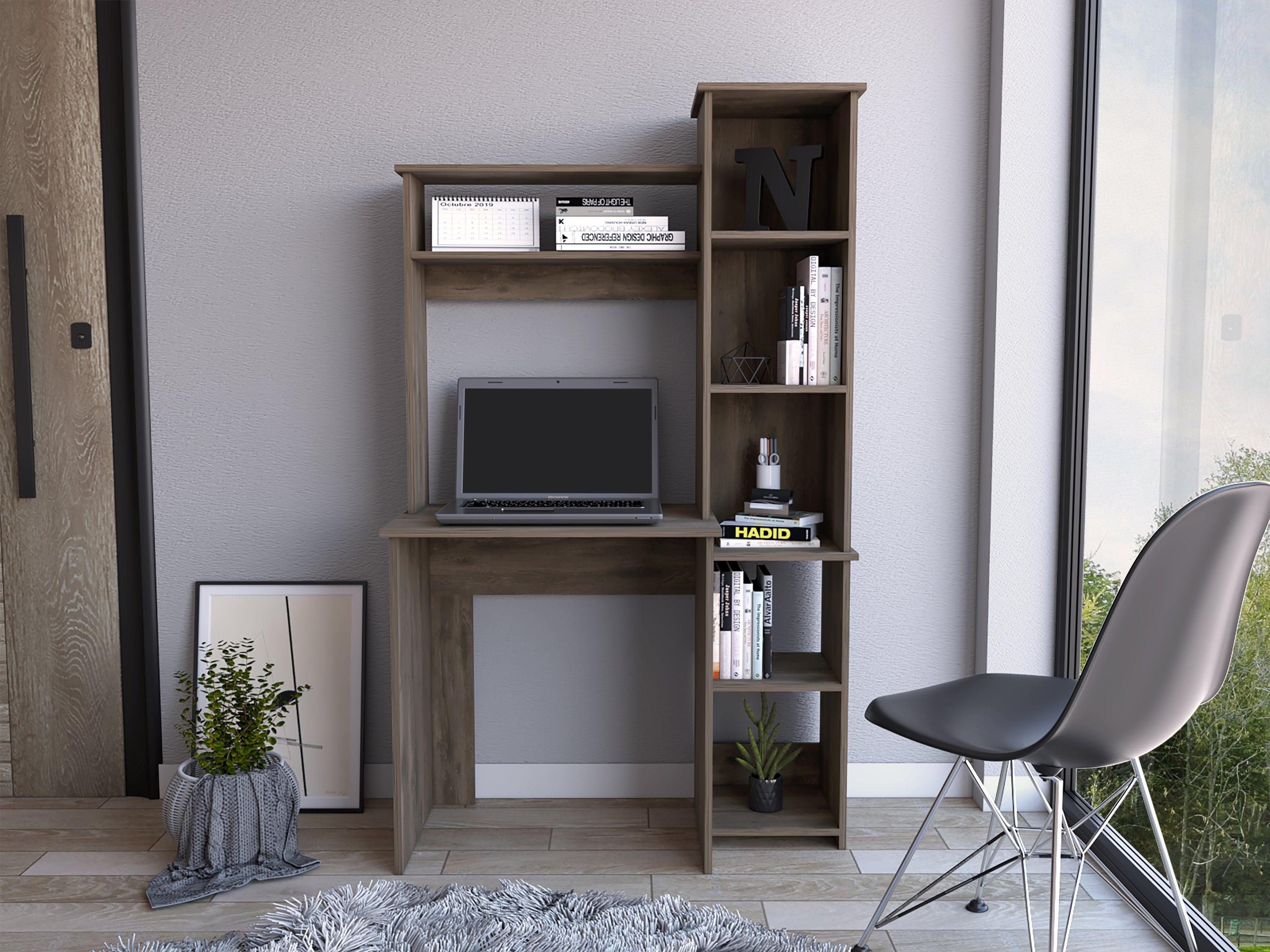 Marston 6-Shelf Writing Desk with Built-in Bookcase Dark Brown image