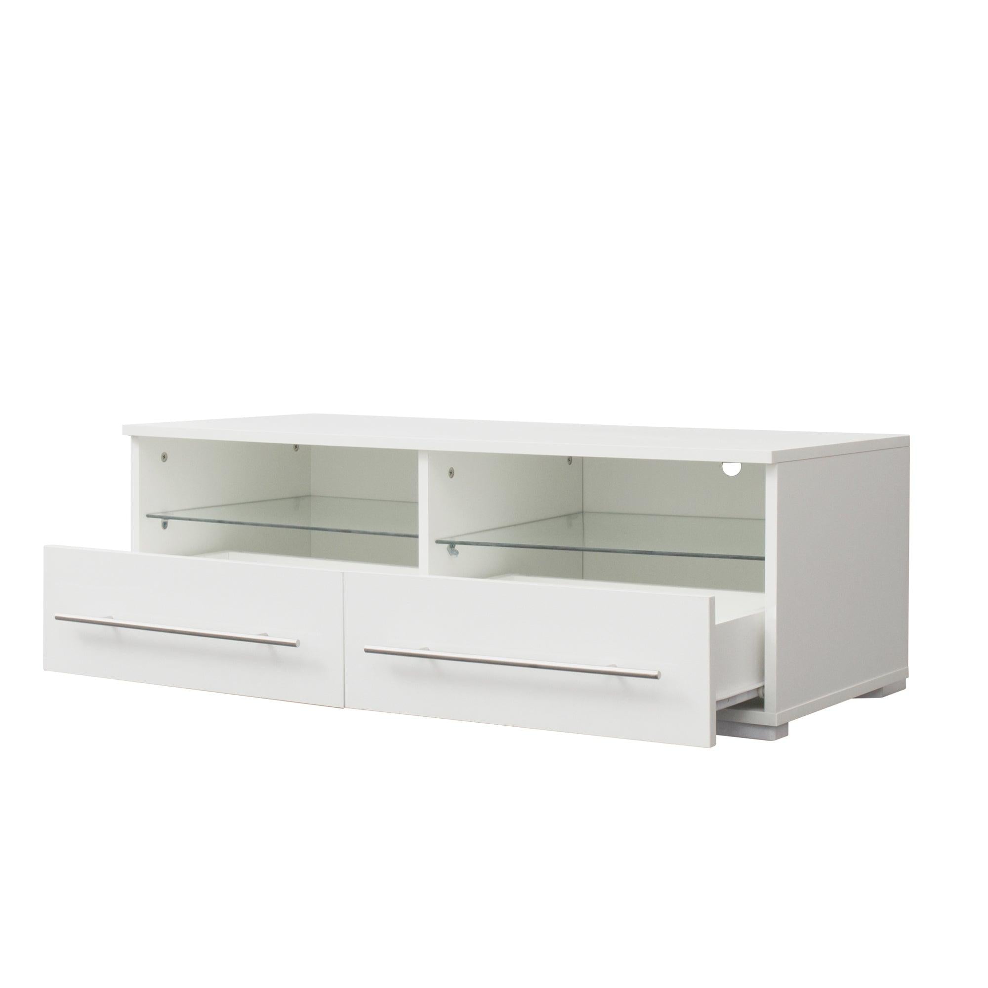 White TV cabinet has two drawers with dual end color-changing LED light strip