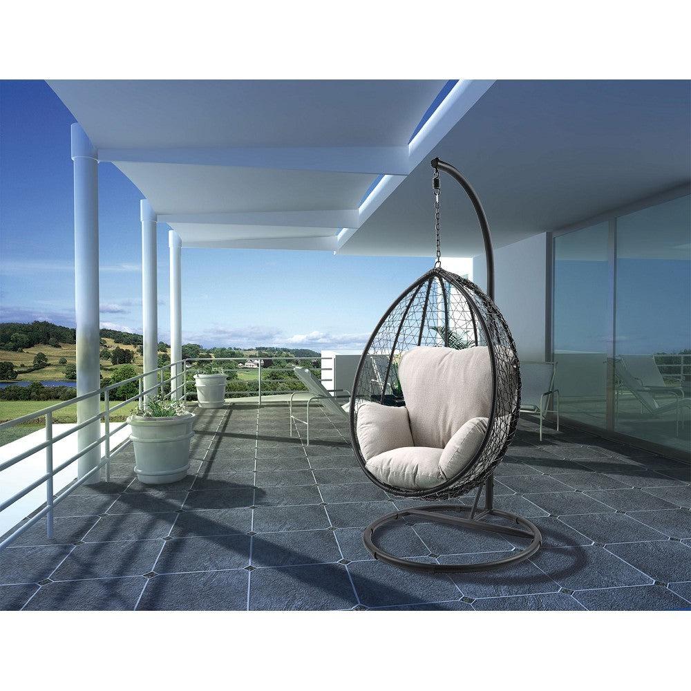 ACME Simona Patio Swing Chair with Stand in Beige Fabric & Black Wicker 45030 image