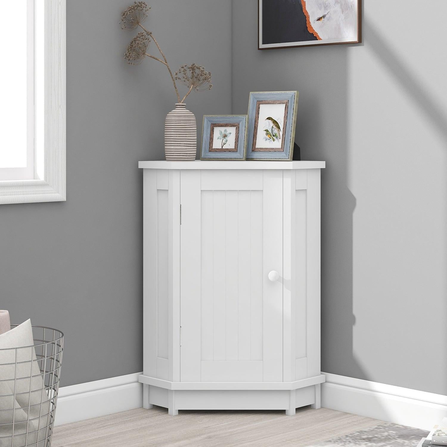 White Bathroom Cabinet Triangle CornerStorage Cabinet with Adjustable ShelfModern Style MDF Board