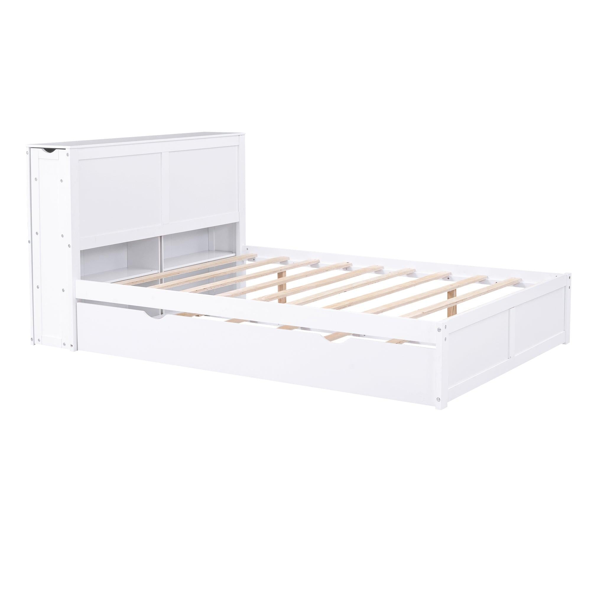 Full SizeStorage Platform Bed with Pull Out Shelves and Twin Size Trundle, White