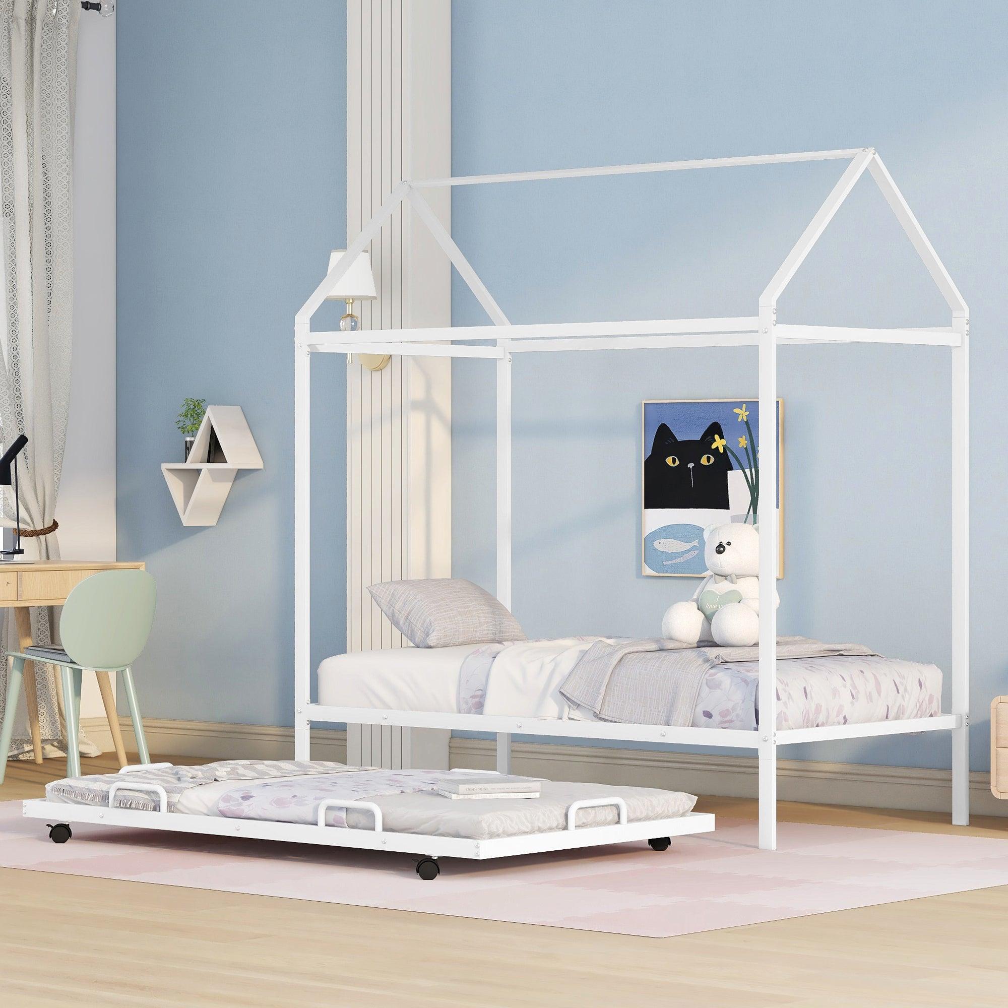 Twin Size Kids House Bed With Trundle, Metal House Bed White image