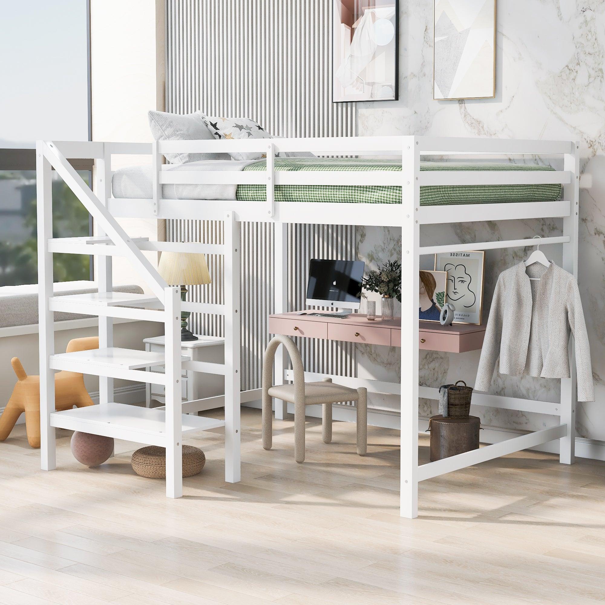 Full Size Loft Bed with Built-inStorage Staircase and Hanger for Clothes,White image