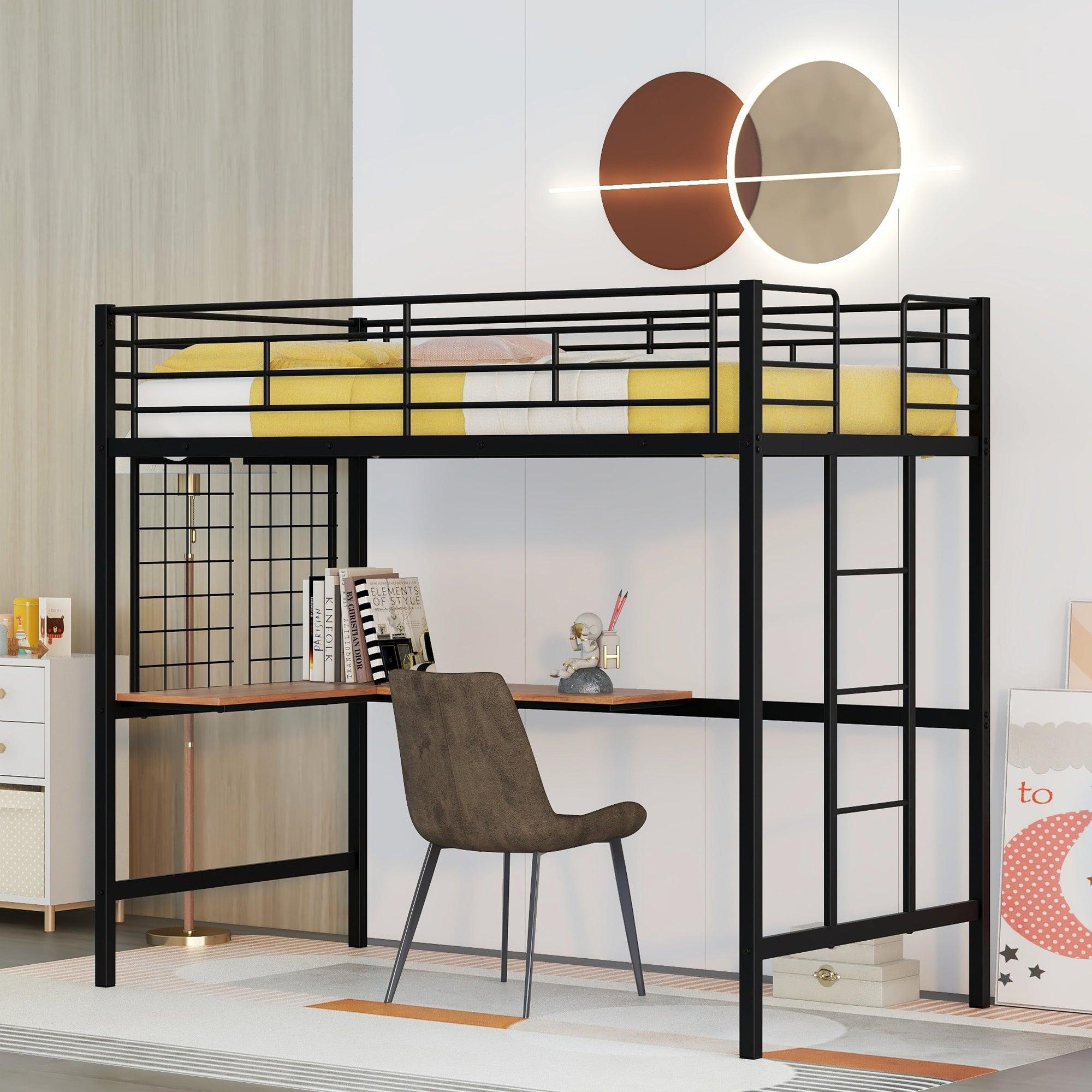 Twin Metal Loft Bed with Desk and Metal Grid,Black image