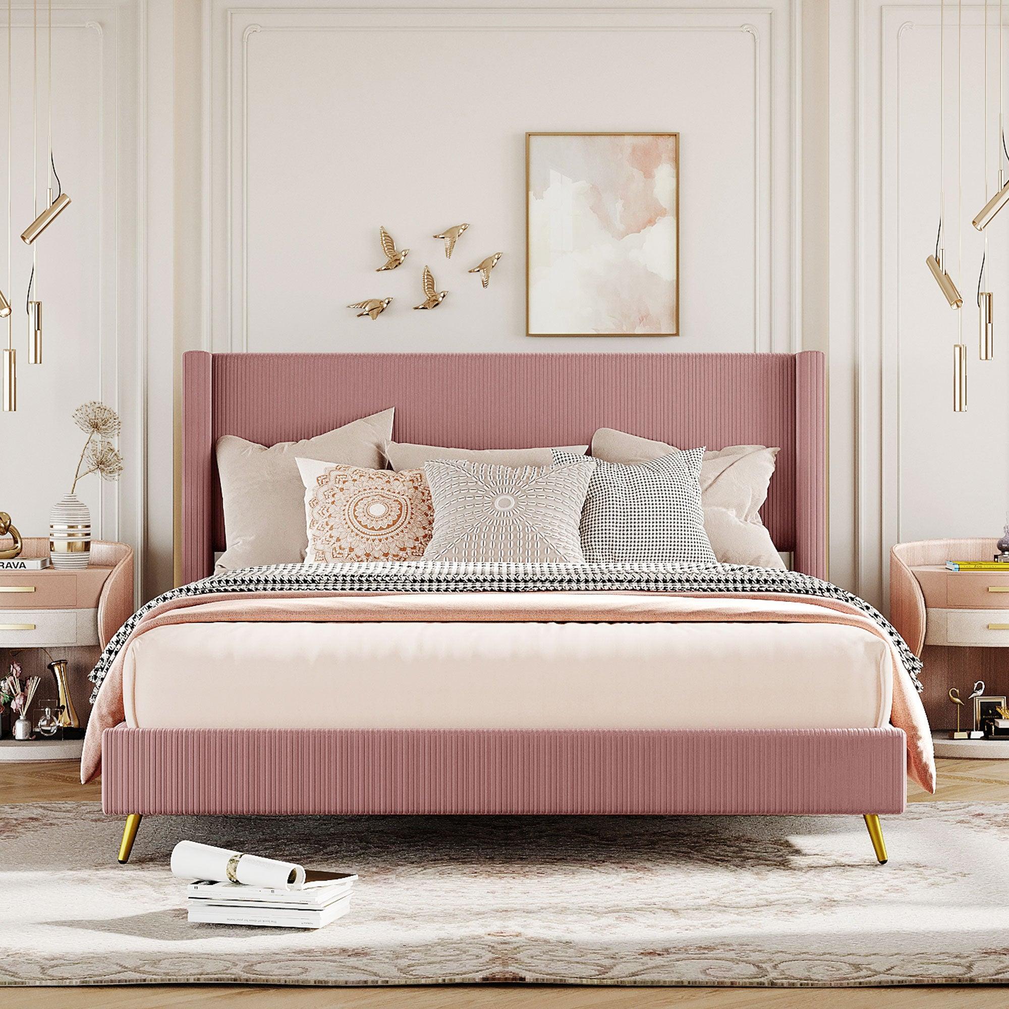 Queen Size Corduroy Platform Bed with Metal Legs, Pink