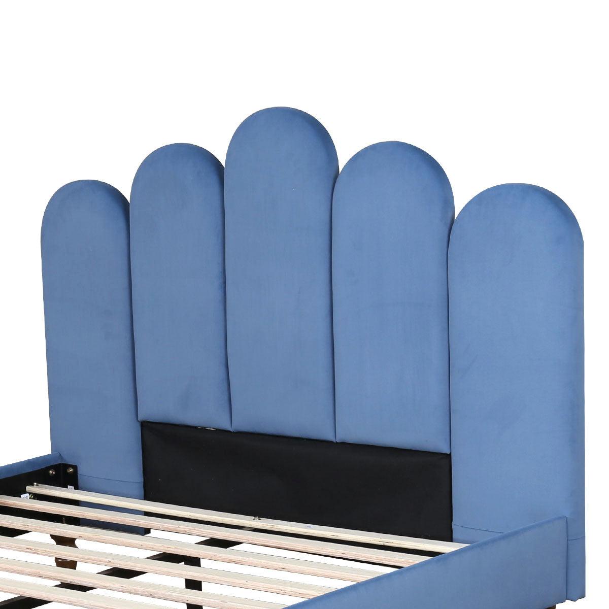 Full Size Linen  Upholstered Platform Bed With Wooden Slat and Metal Support legs.Blue Color