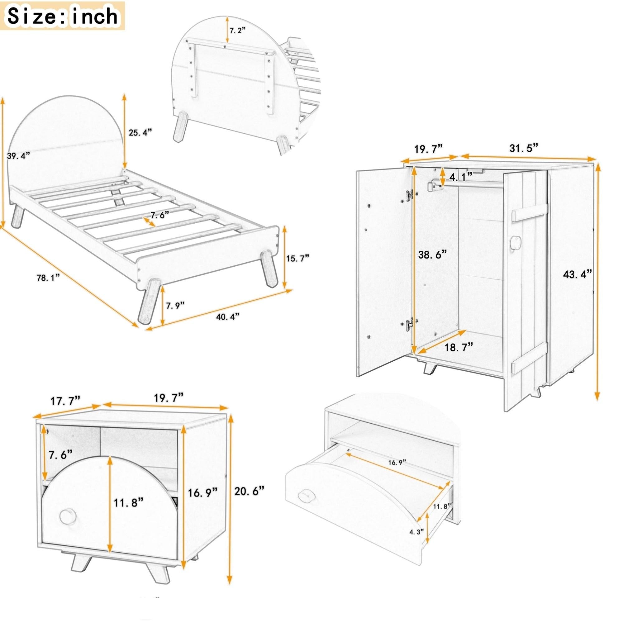 3-Pieces Bedroom Sets Twin Size Platform Bed with Nightstand and Wardrobe,White+Pink