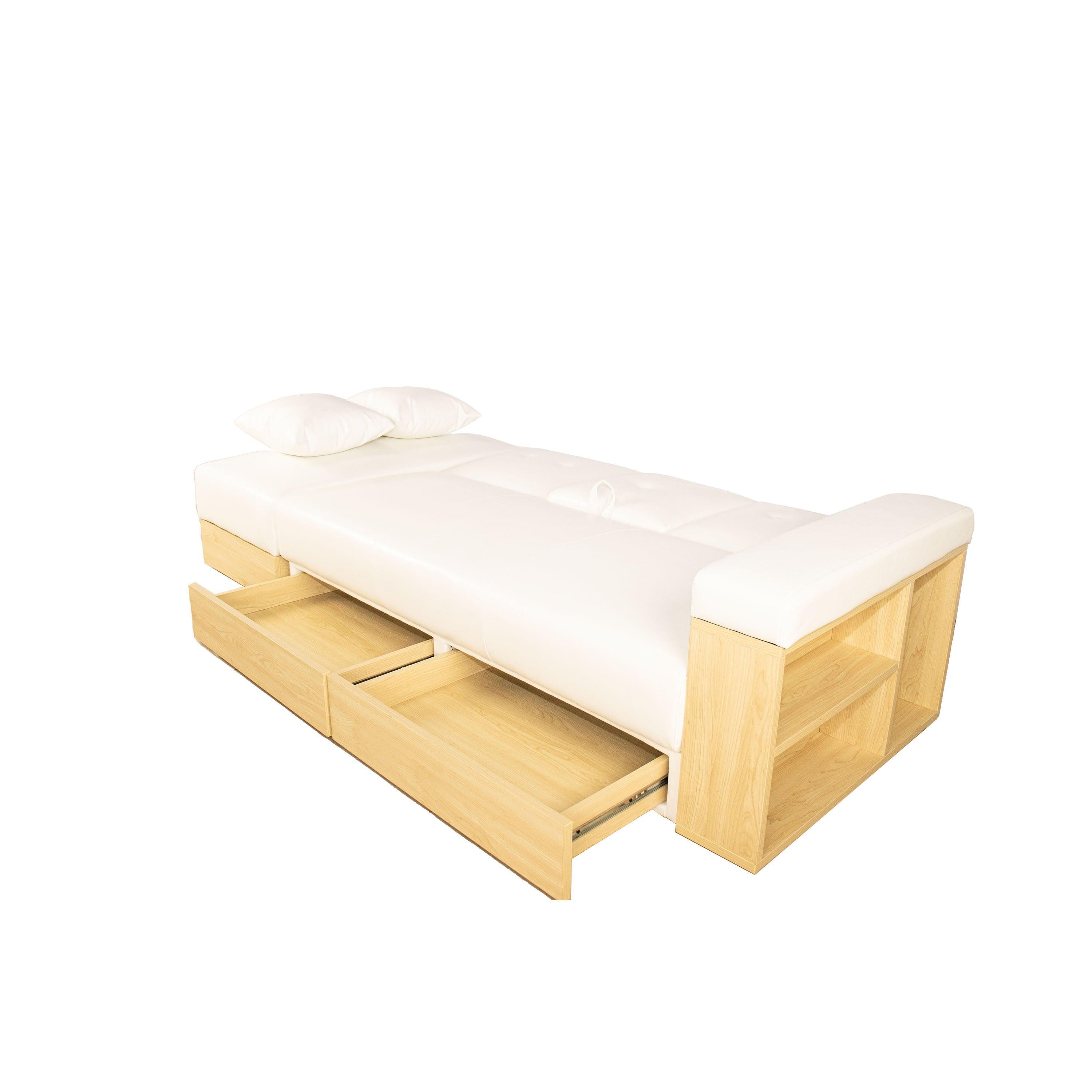 Multi-functional sofa, can sit, lie down, withStorage box and drawer, and theStorage box can be used as tea table and pedal(white)