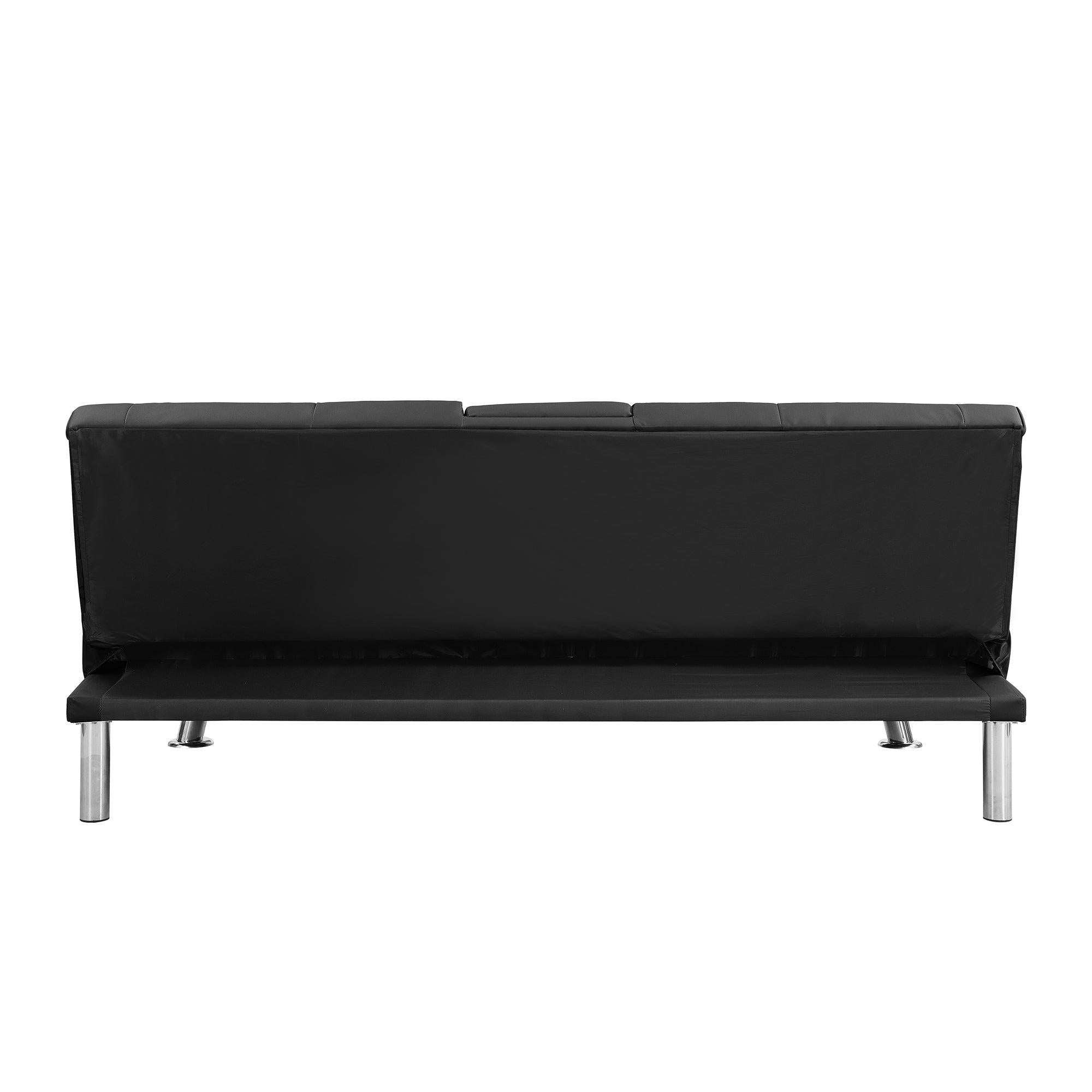 sofa bed with Armrest two holders  WOOD FRAME, STAINLESS LEG, FUTON BLACK  PVC