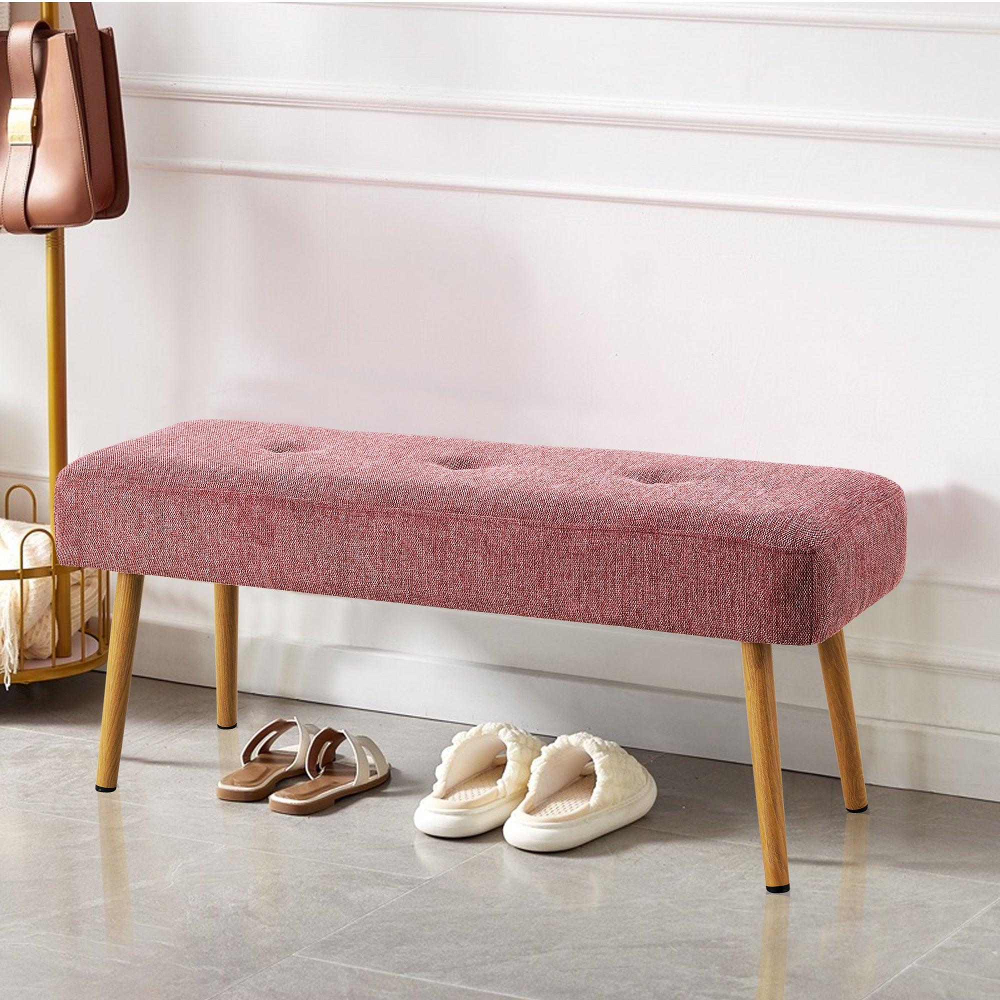 Linen Fabric Upholstered Bench With Gold Metal Legs .Shoe Changing Bench Sofa Bench Dining Chair .for to Bedroom Fitting Room, Store, Dining Room and Living Room.Dark Pink image