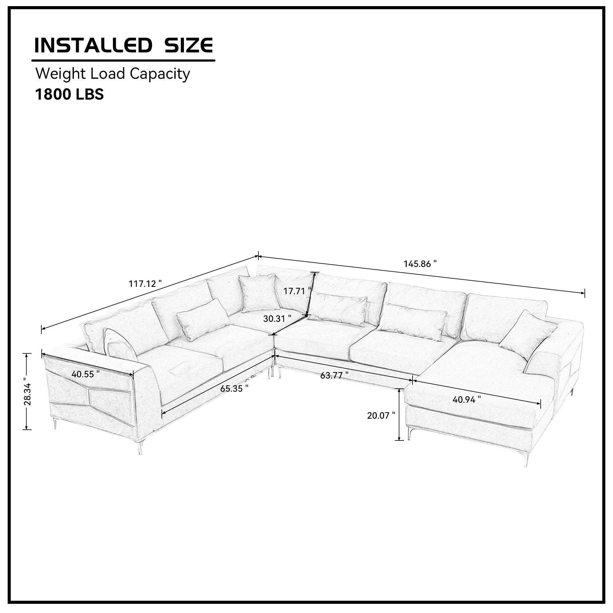 Large Sectional Sofa,145"(L)x117"(W) Classic Look with Tufted Pattern on Outer Armrest and Back, Grey