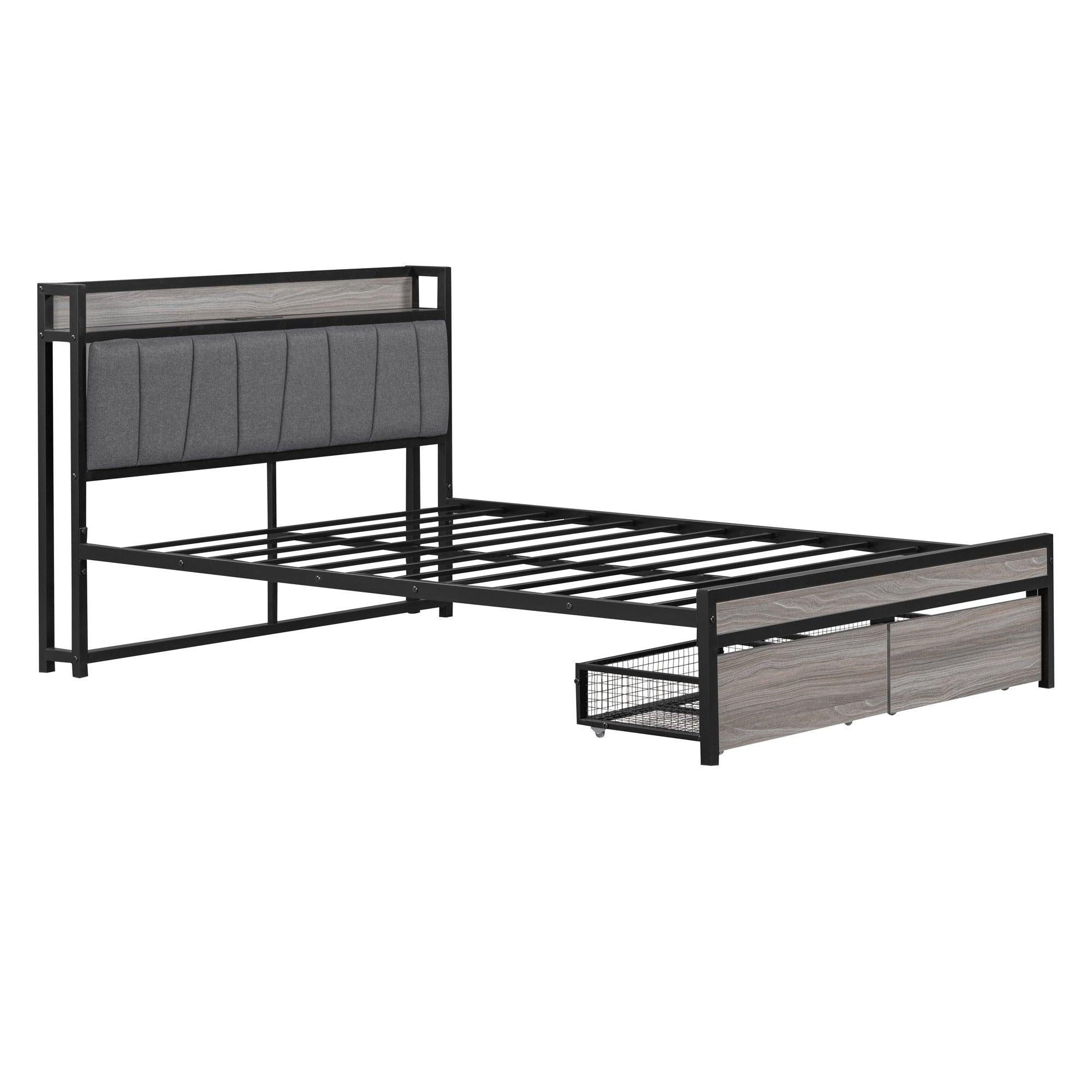 Full Size Metal Platform Bed Frame with 2 drawers, Upholstered headboard ，Sockets, USB Ports and Slat Support ,No Box Spring Needed，Black