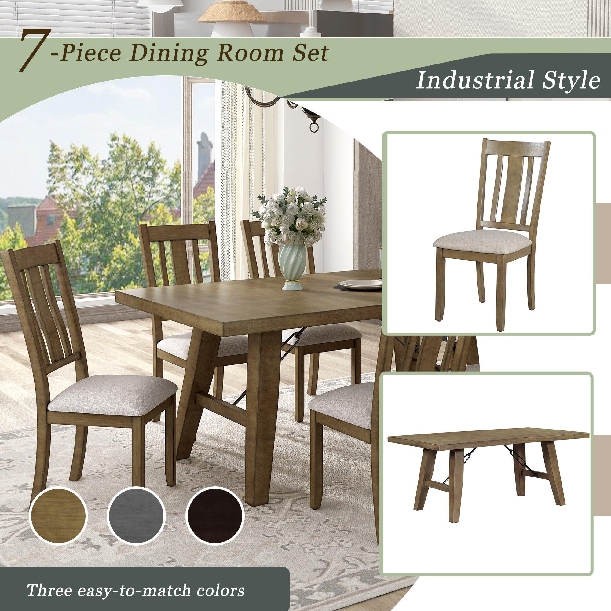 7-Piece Dining Room Set - 72" Industrial Style Rectangular Table with Chain Bracket and 6 Dining Chairs (Natural Walnut)