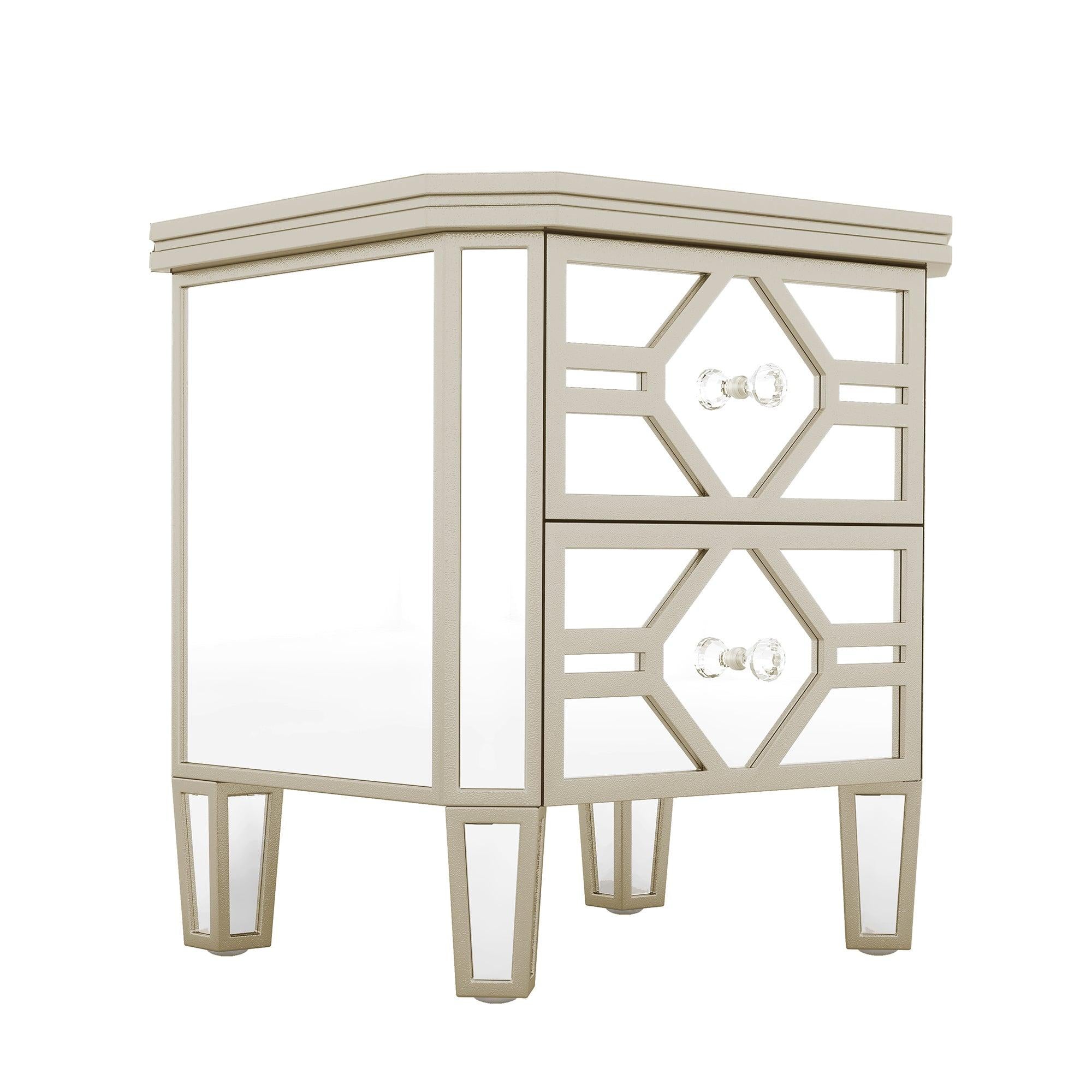 Elegant Mirrored 2-Drawer Side Table with lden Lines for Living Room, Hallway, Entryway