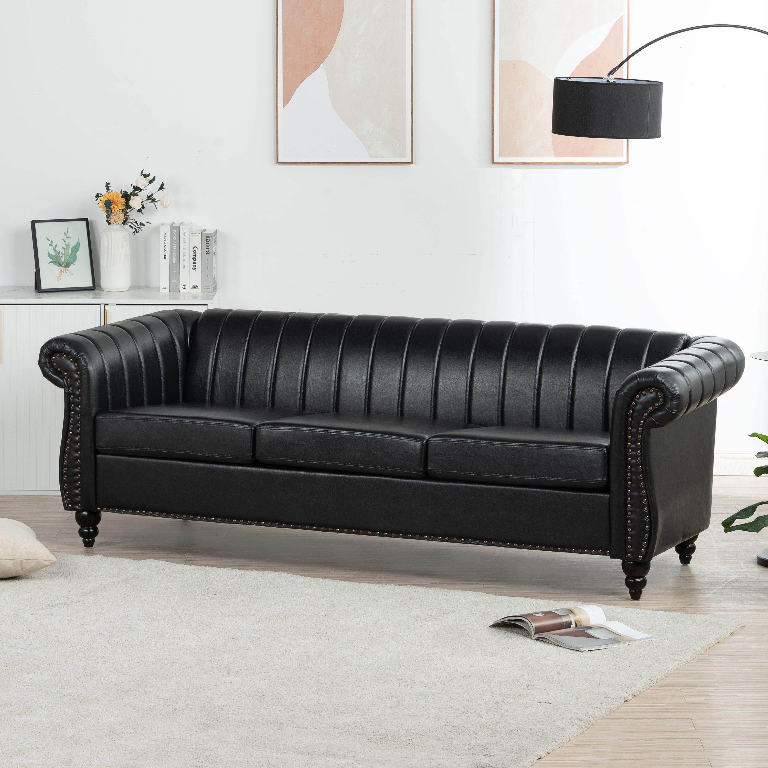 83.46'' Black PU Rolled Arm Chesterfield Three Seater Sofa.