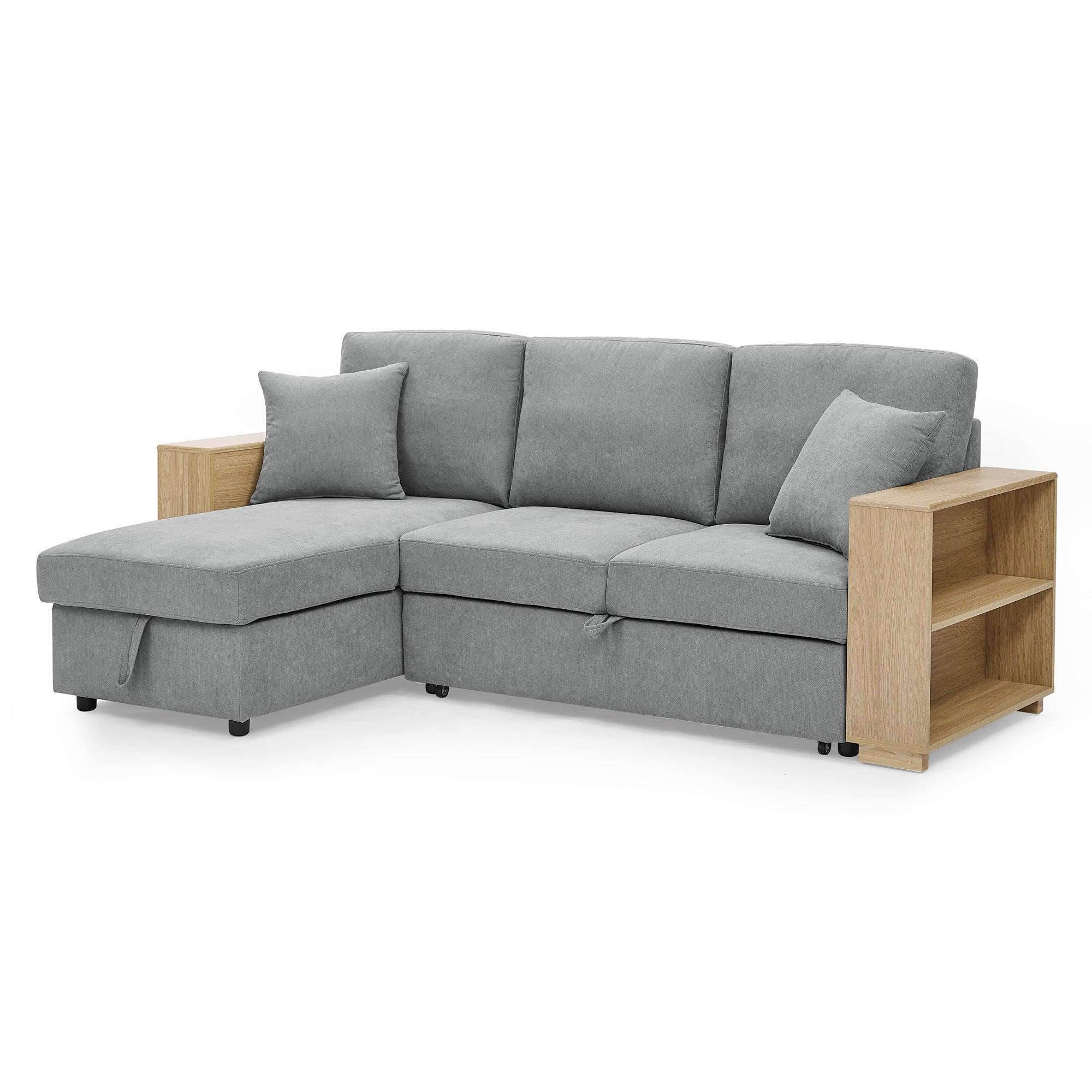 Sectional Sofa with Pulled Out Bed, 2 Seats Sofa and Reversible Chaise withStorage, MDF Shelf Armrest, Two Pillows, Grey, (88" x52" x 34")