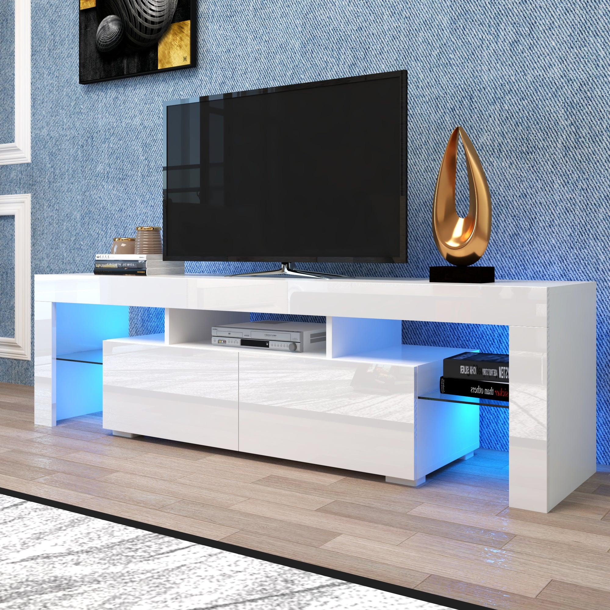 Modern White TV Stand, 20 Colors LED TV Stand w/Remote Control Lights