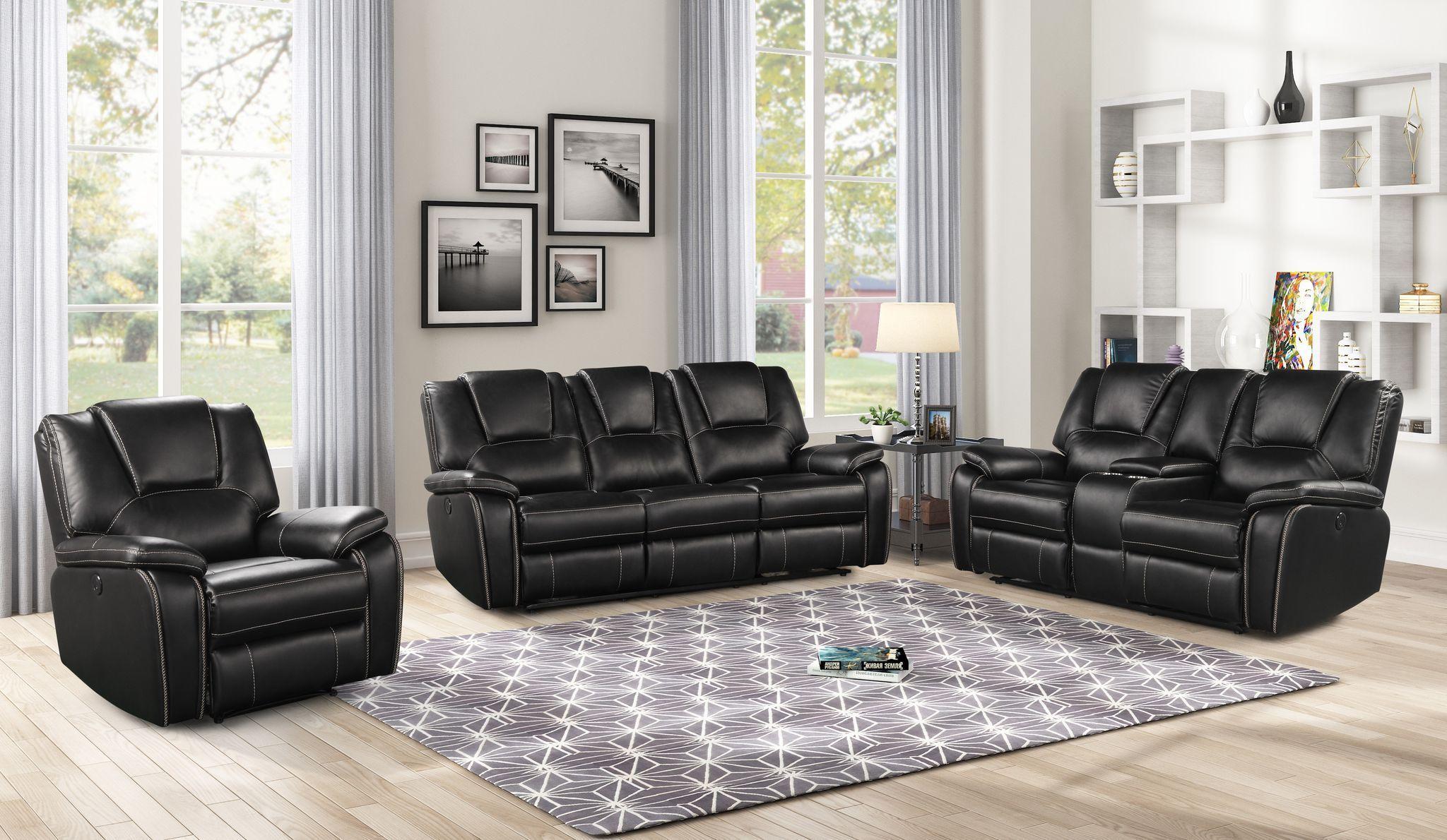 Hong Kong 3 Piece Power Reclining Sofa Set made with Faux Leather in Black image