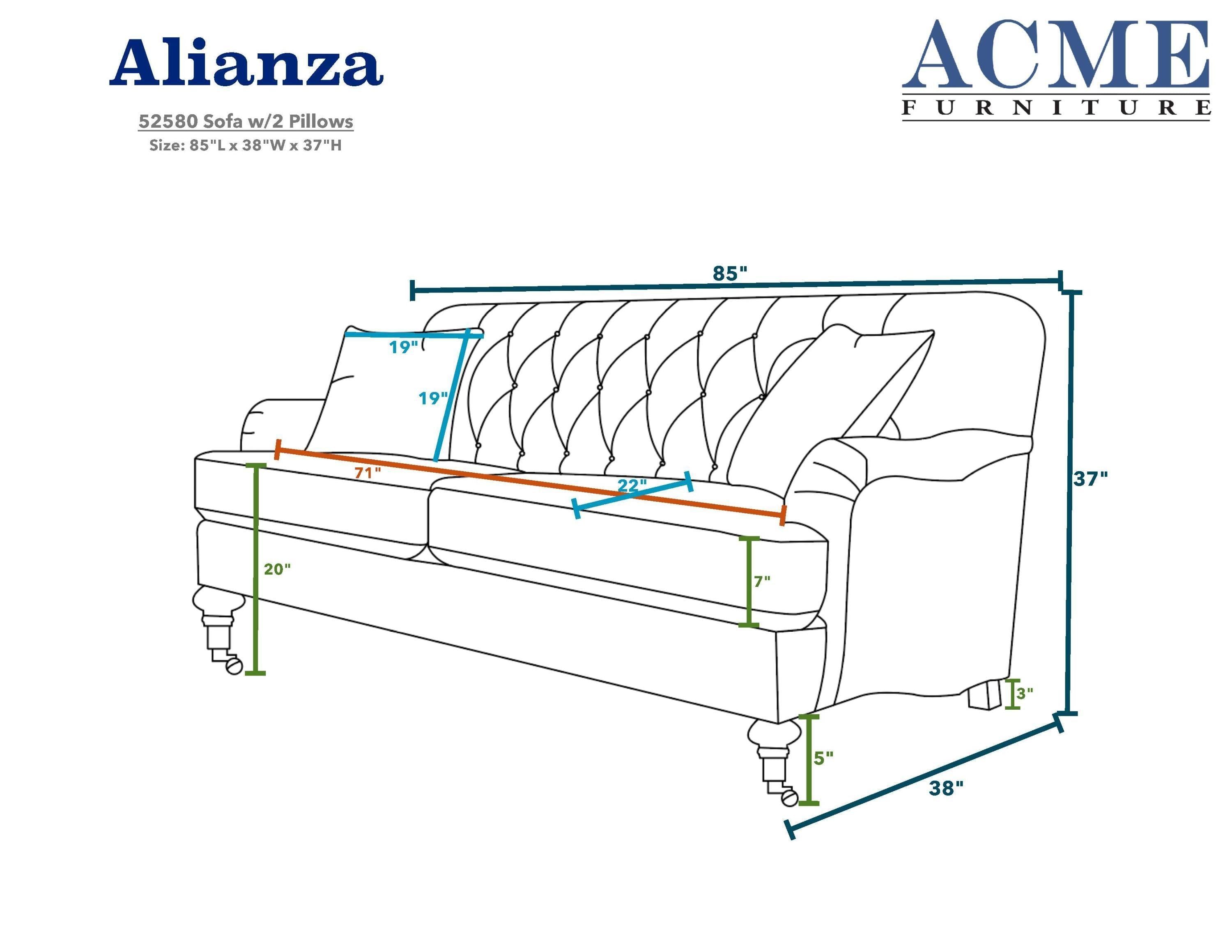 ACME Alianza Sofa w/2 Pillows in Beige Fabric 52580