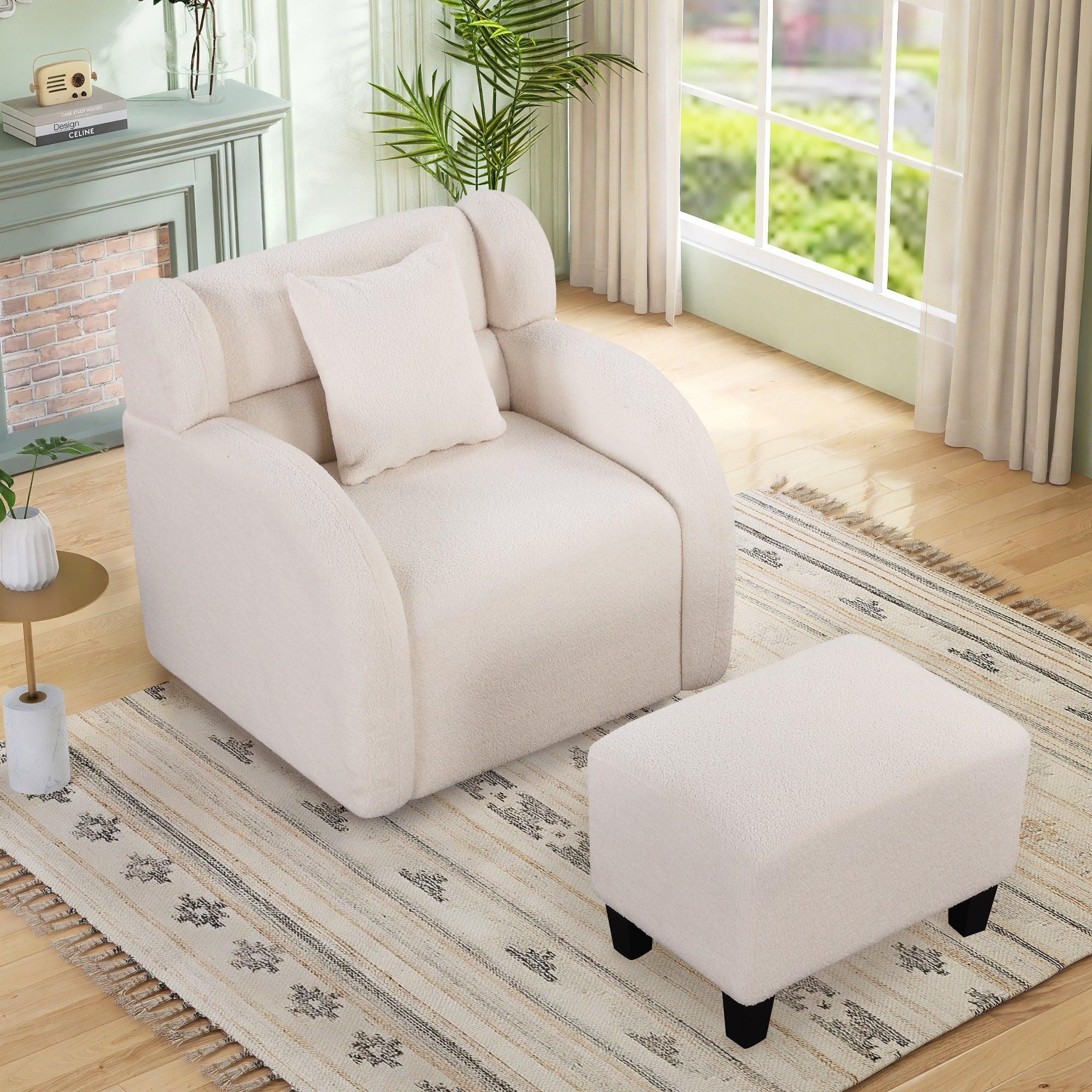 Swivel Accent Chair with Ottoman, Teddy Short Plush Particle Velvet Armchair,360 Degree Swivel Barrel Chair with footstool for Living Room, Hotel, Bedroom, Office, Lounge,White