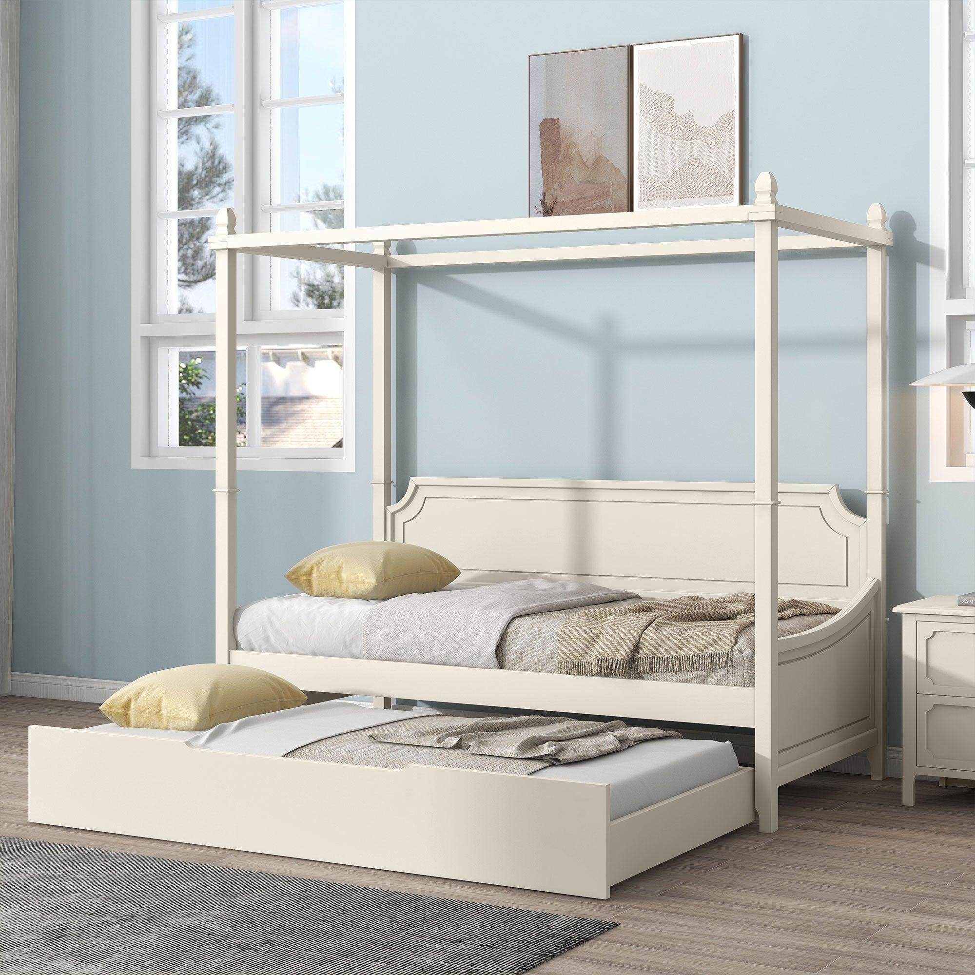 Milky White Solid Rubber Wood Twin Size Canopy Daybed with Trundle Four Square Columns with Rollers for Limited Spaces image