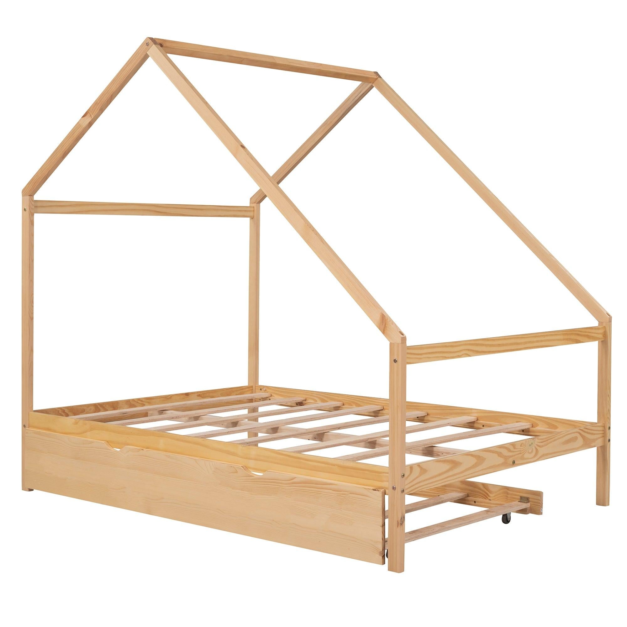 Full Size Wooden House Bed With Twin Size Trundle, Natural