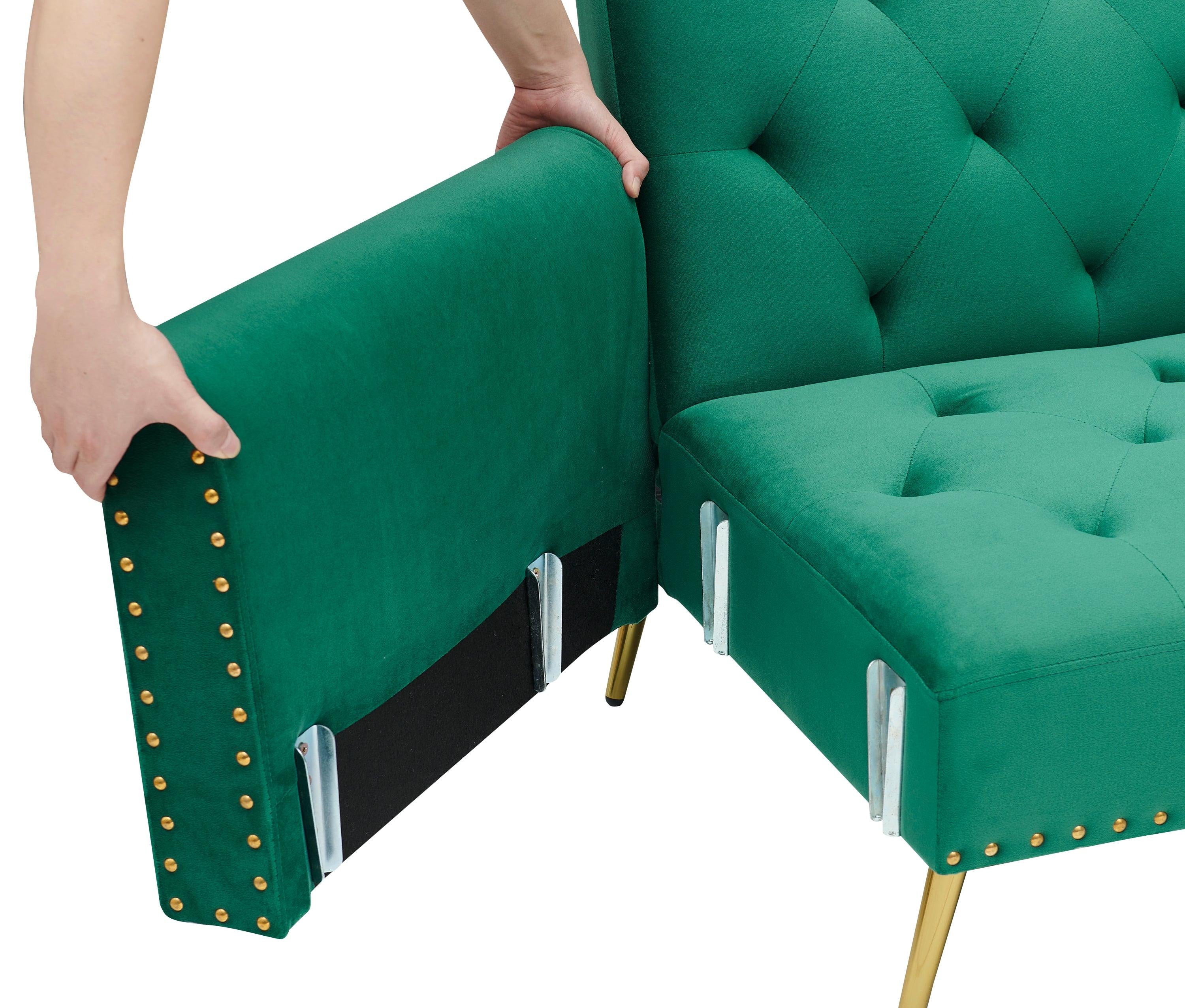 Green velvet nail head sofa bed with throw pillow and midfoot