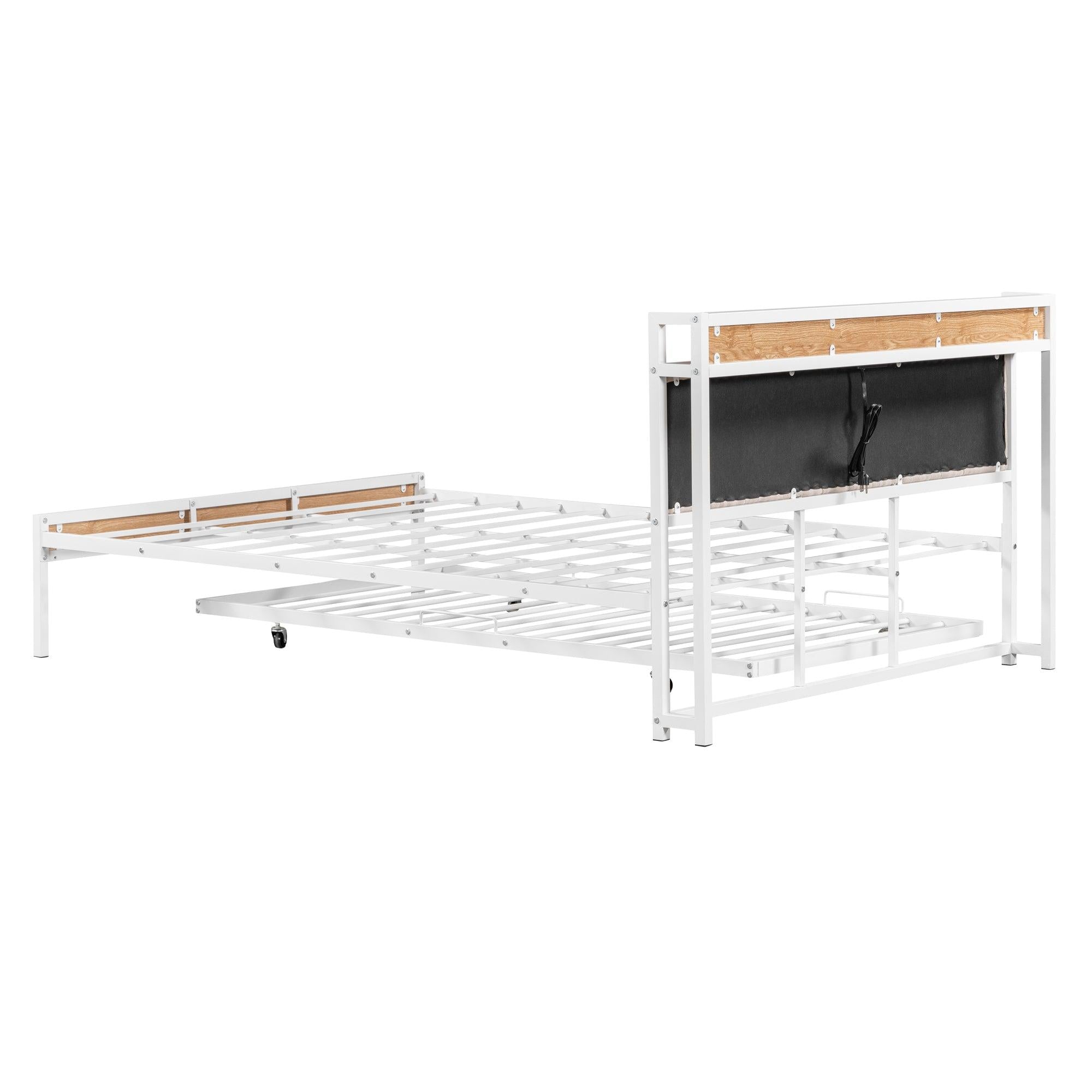 Queen Size Metal Platform Bed Frame with Twin size trundle, Upholstered headboard ，Sockets, USB Ports and Slat Support ,No Box Spring Needed，White