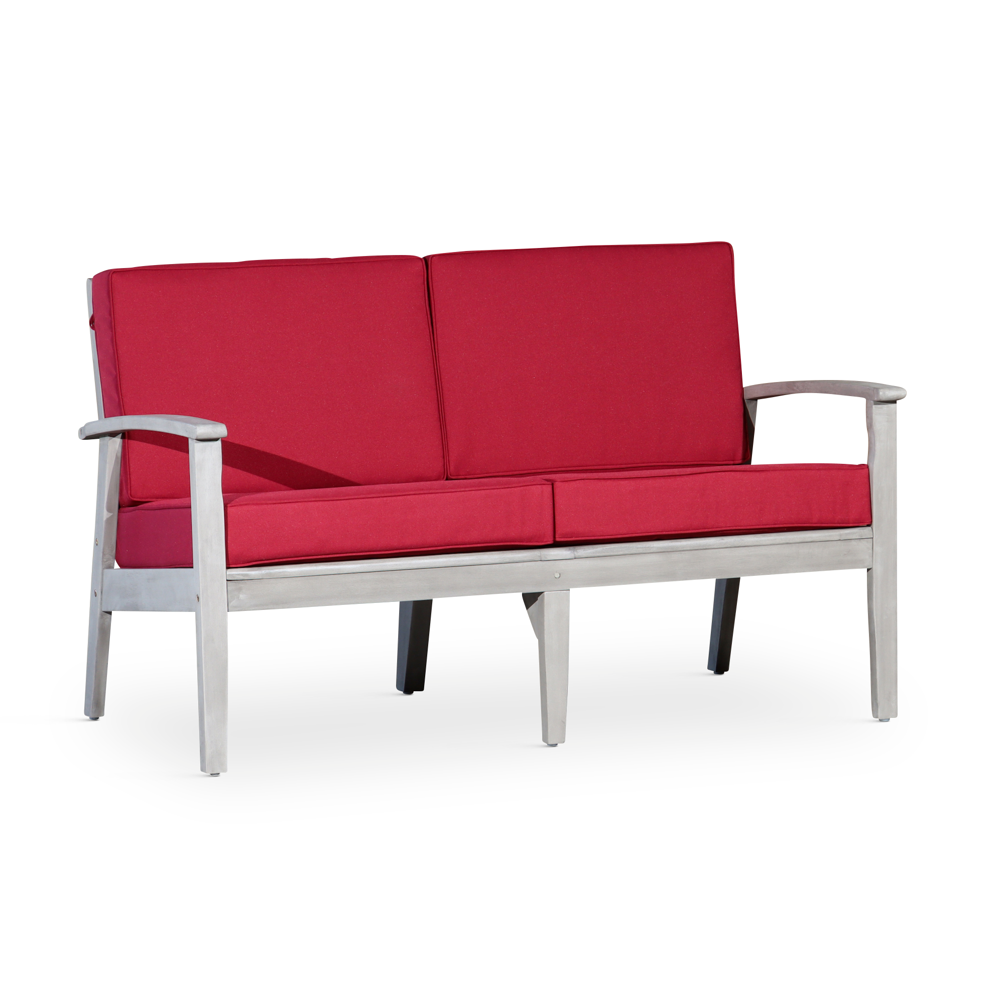 Eucalyptus Loveseat with Cushions, Silver Gray Finish, Burgundy Cushions image