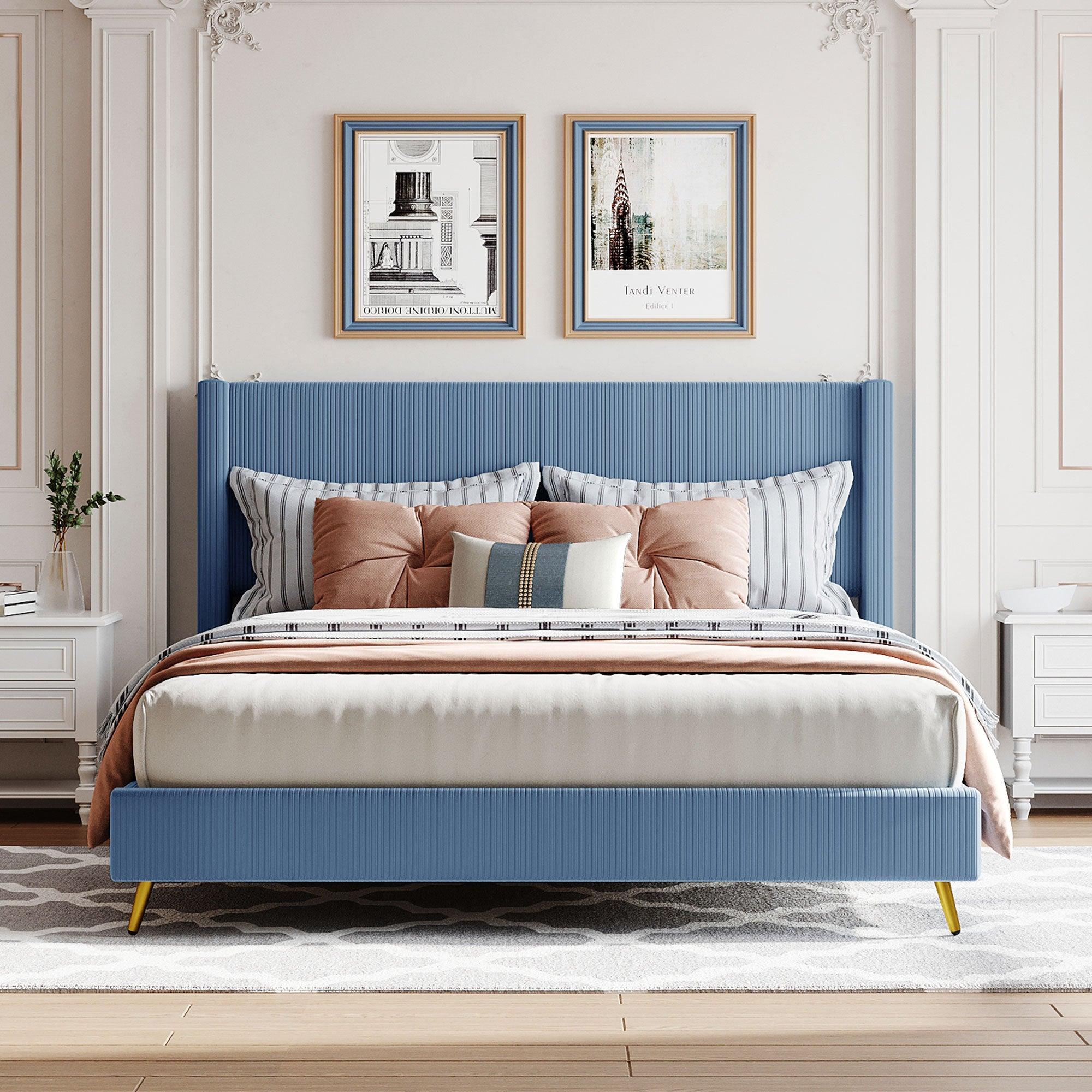 Queen Size Corduroy Platform Bed with Metal Legs, Blue