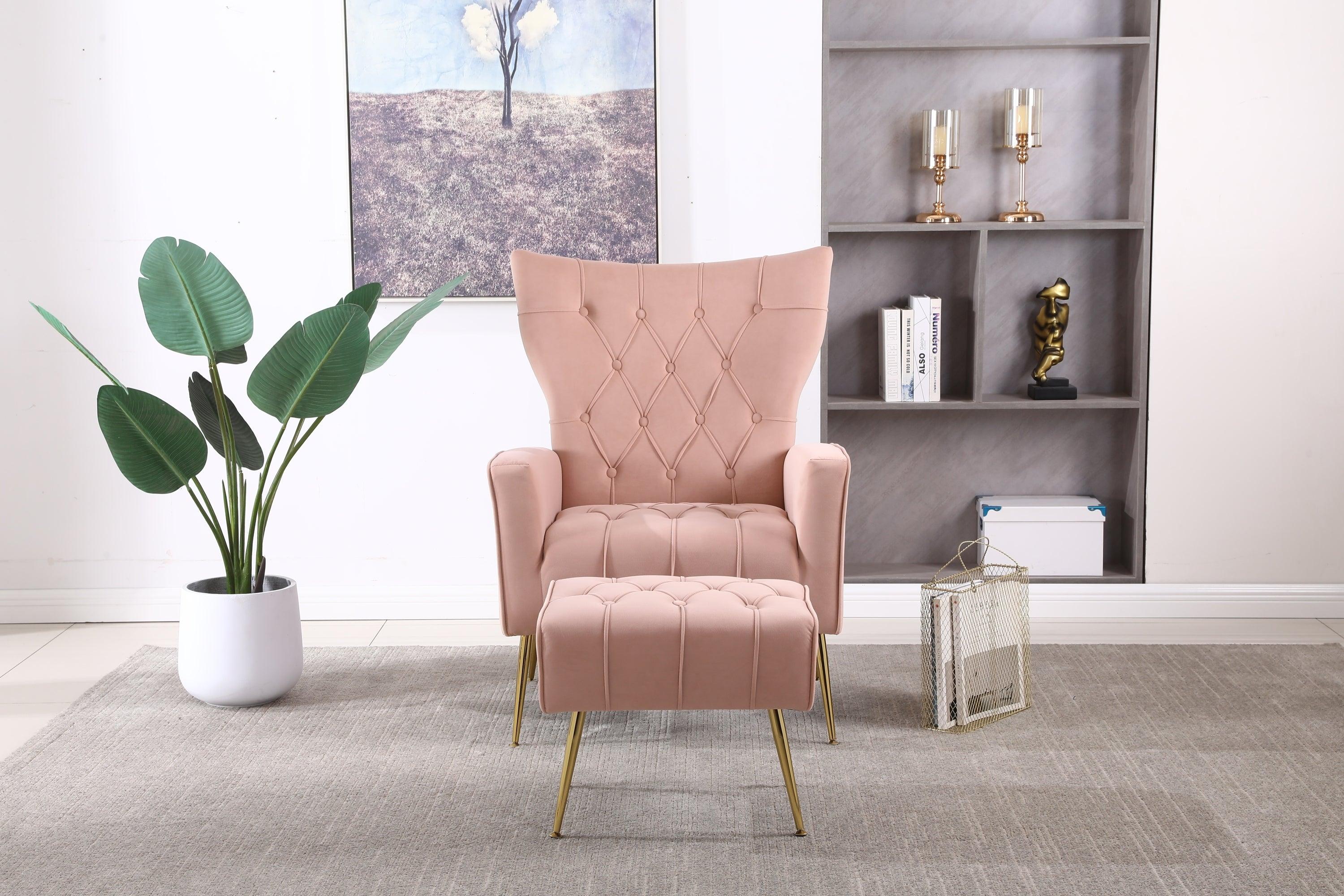 Modern Accent Chair with Ottoman,  Comfy  Armchair for Living Room, Bedroom, Apartment, Office (Pink)