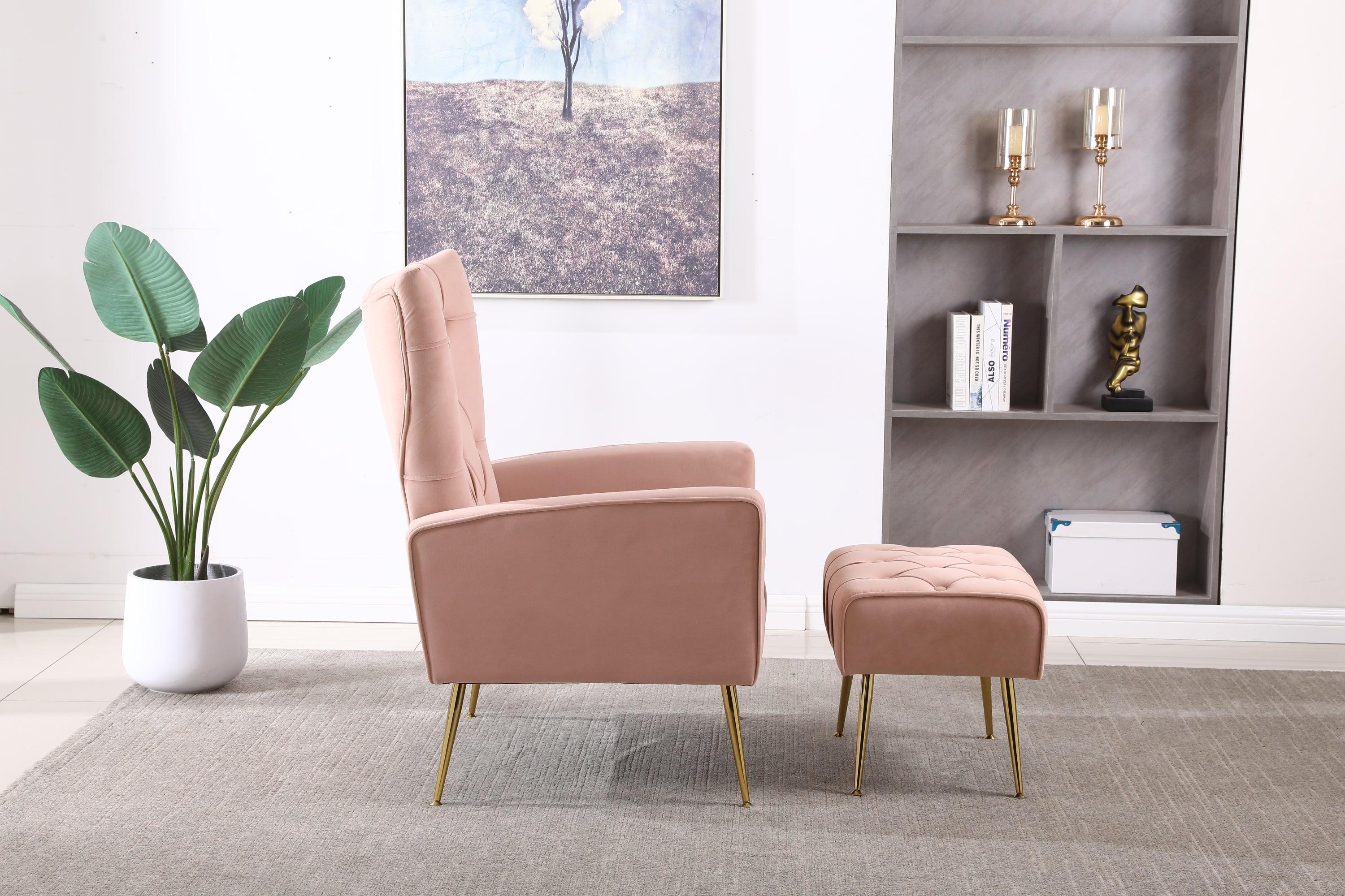 Modern Accent Chair with Ottoman,  Comfy  Armchair for Living Room, Bedroom, Apartment, Office (Pink)