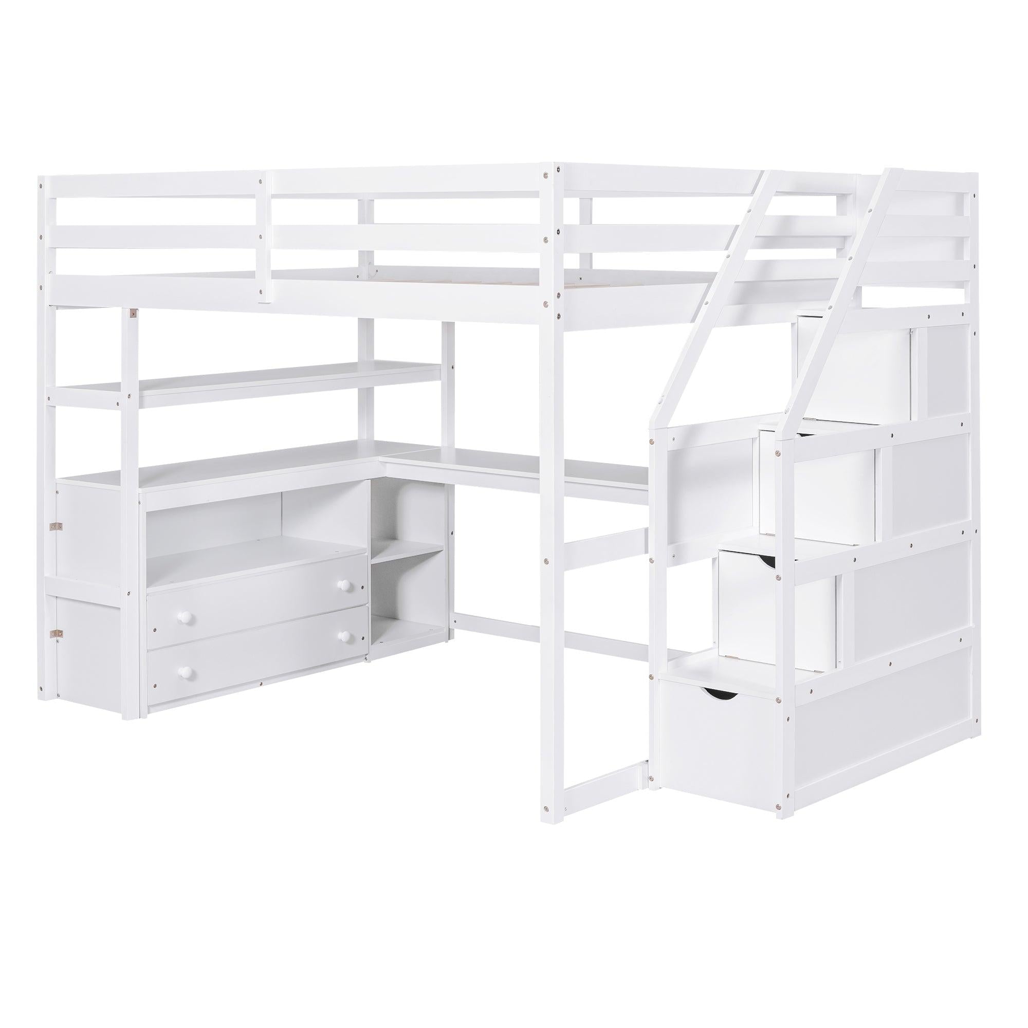 Full Size Loft Bed with Desk and Shelves, Two Built-in Drawers,Storage Staircase, White