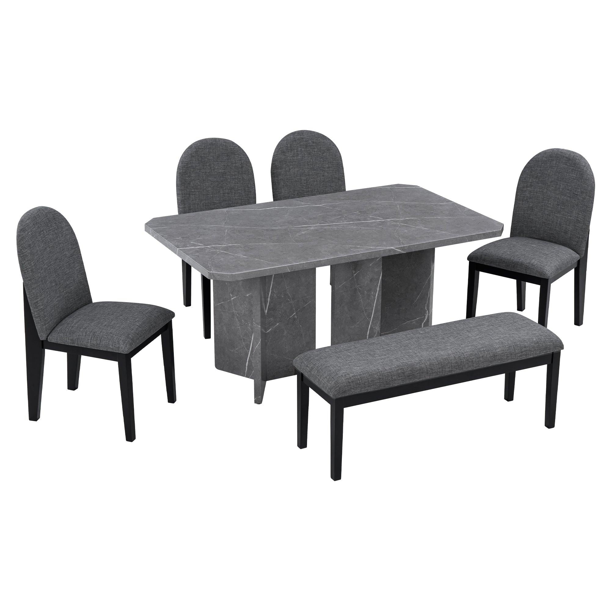 6-PieceModern Style Dining Set with Faux Marble Table and 4 Upholstered Dining Chairs & 1 Bench (Gray)